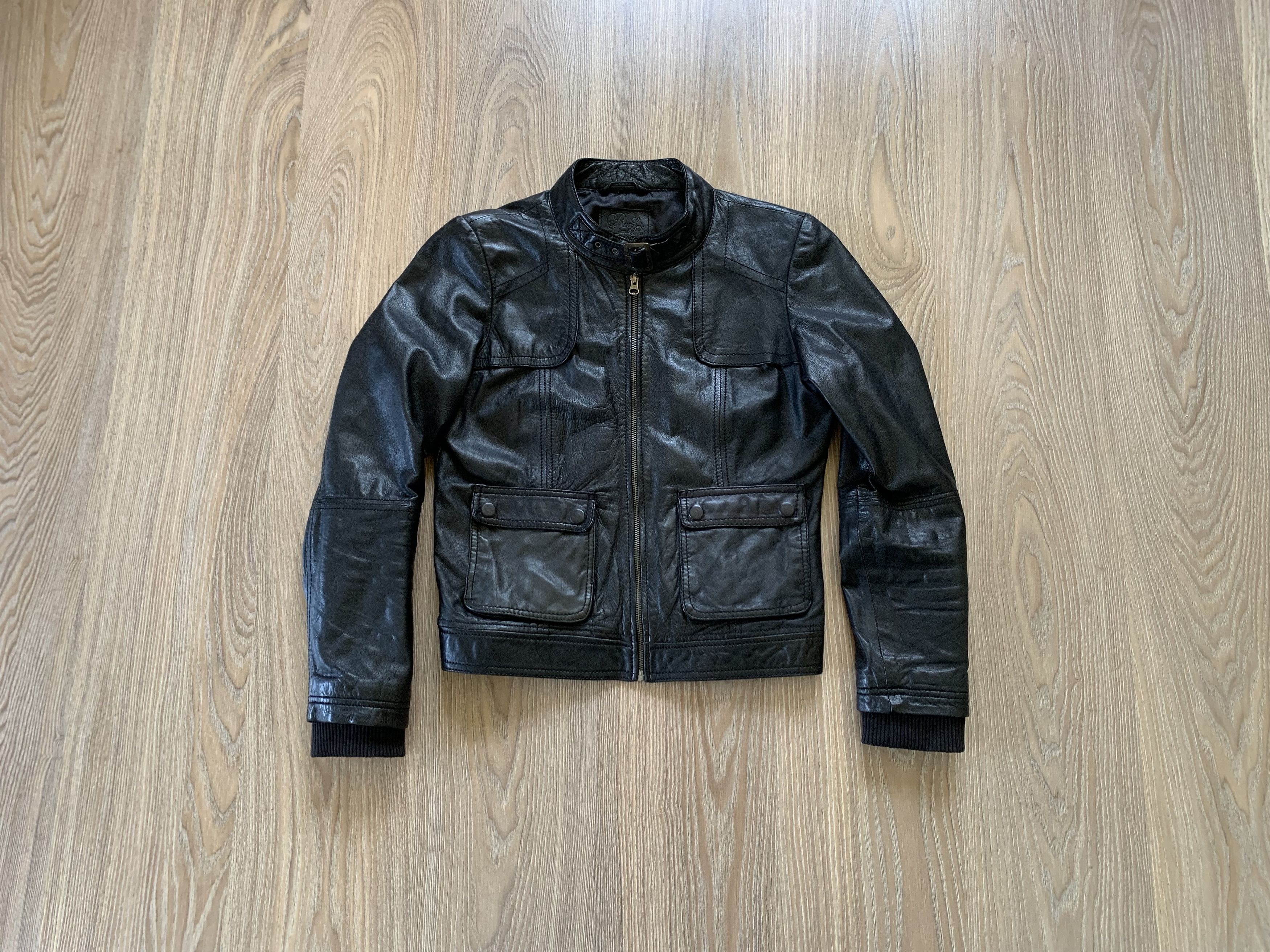 Genuine Leather × Stradivarius Stradivarius Womens Black Leather Multi Pocket Biker Jacket Size L / US 10 / IT 46 - 1 Thumbnail