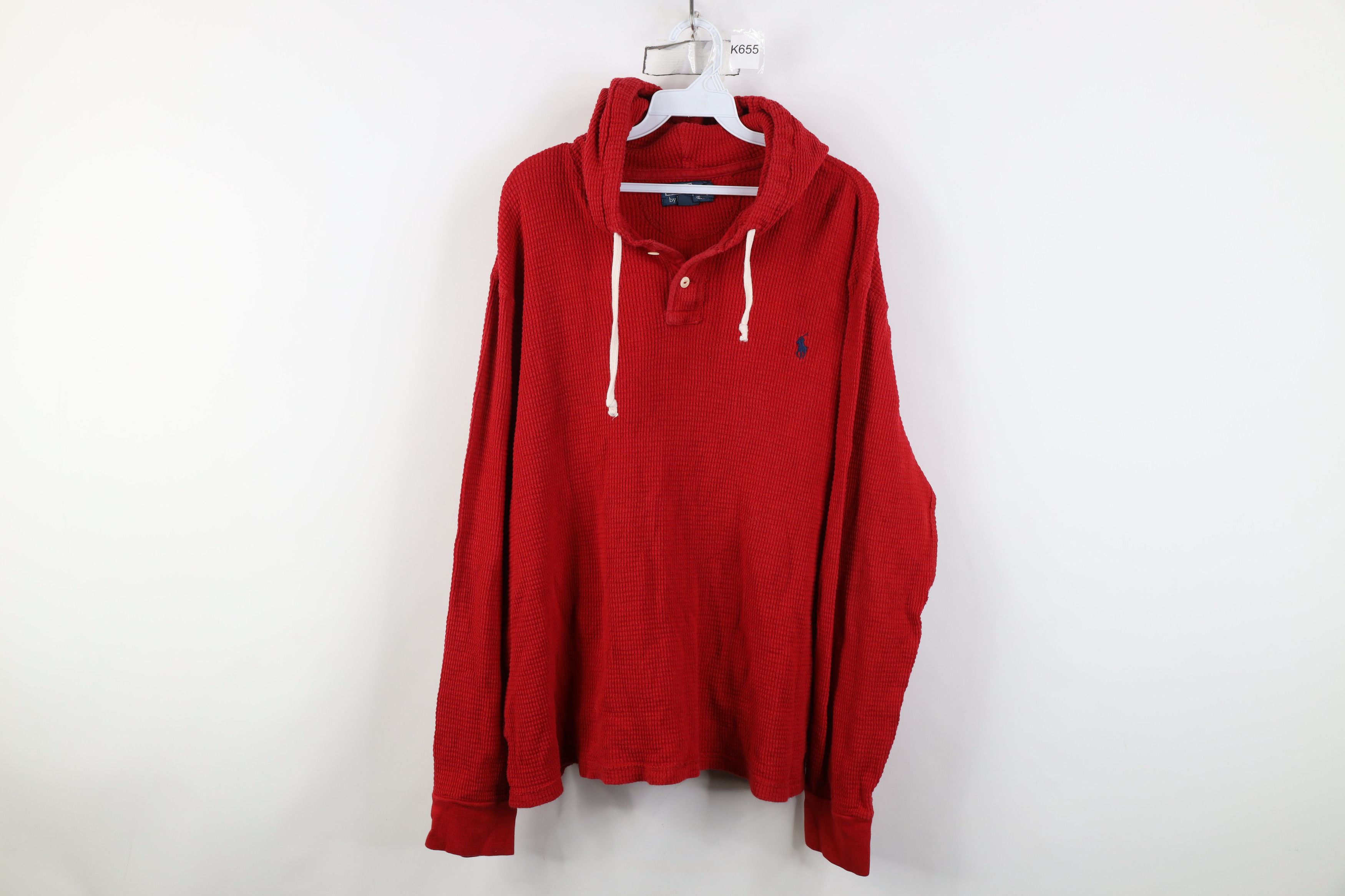 Ralph Lauren Vintage 90s Ralph Lauren Waffle Knit Henley Hoodie Red Size US XXL / EU 58 / 5 - 1 Thumbnail