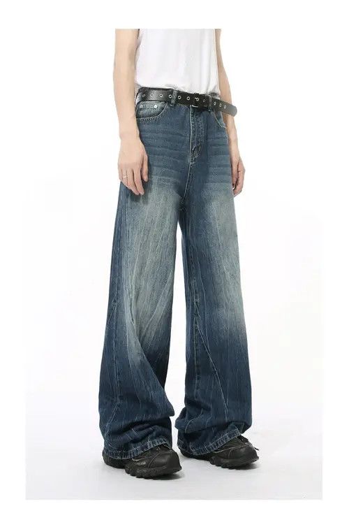 Anime × Japanese Brand × Jean Washed lightning pattern retro straight wide-leg jeans y2k Size US 34 / EU 50 - 4 Thumbnail