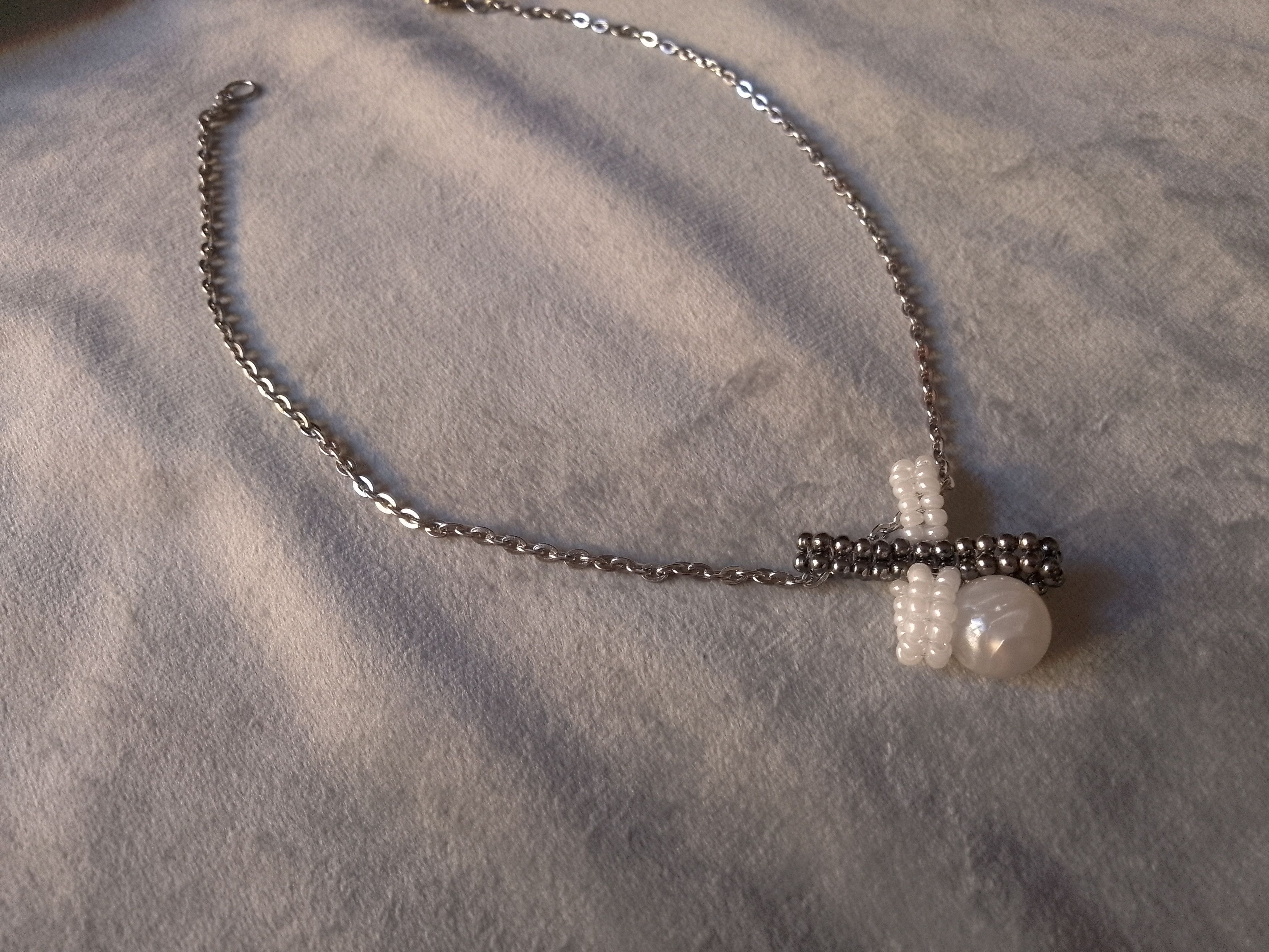Handmade Necklace Pearl Beaded Cross X Pendant Elegant White Gray Size ONE SIZE - 3 Thumbnail
