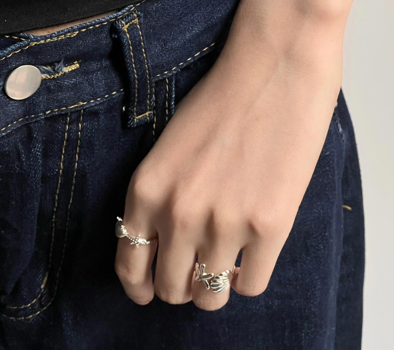 Jewelry Silver Shell and Starfish Open Band Rings, Adjustable Size ONE SIZE - 5 Thumbnail