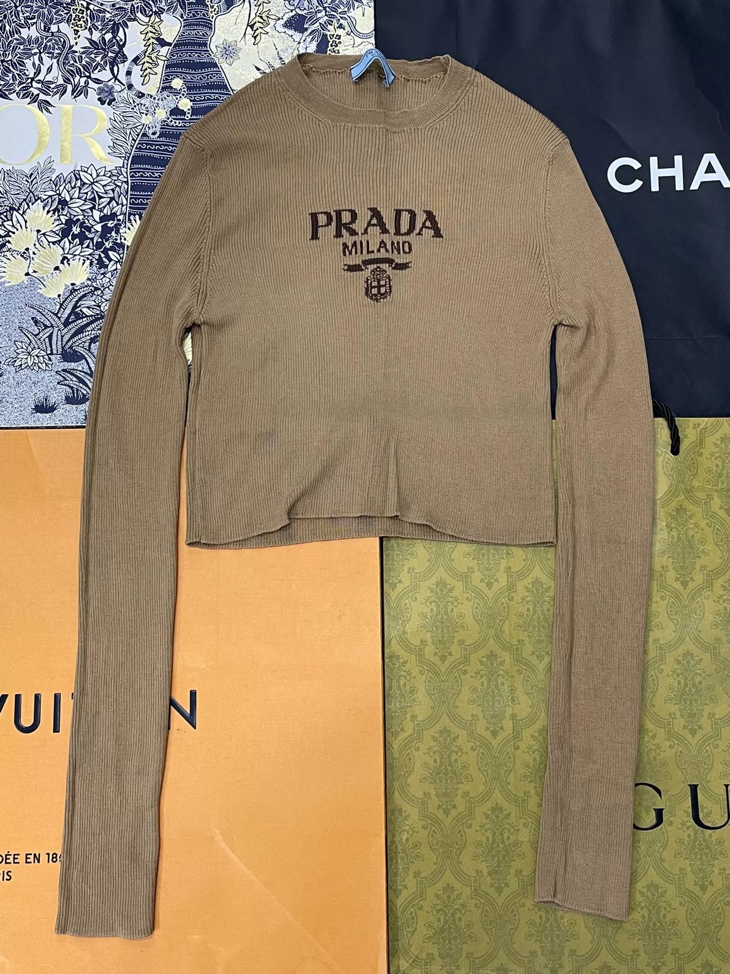 Prada Prada Beige Logo Knit Crop Top Size US M / EU 48-50 / 2 - 1 Thumbnail