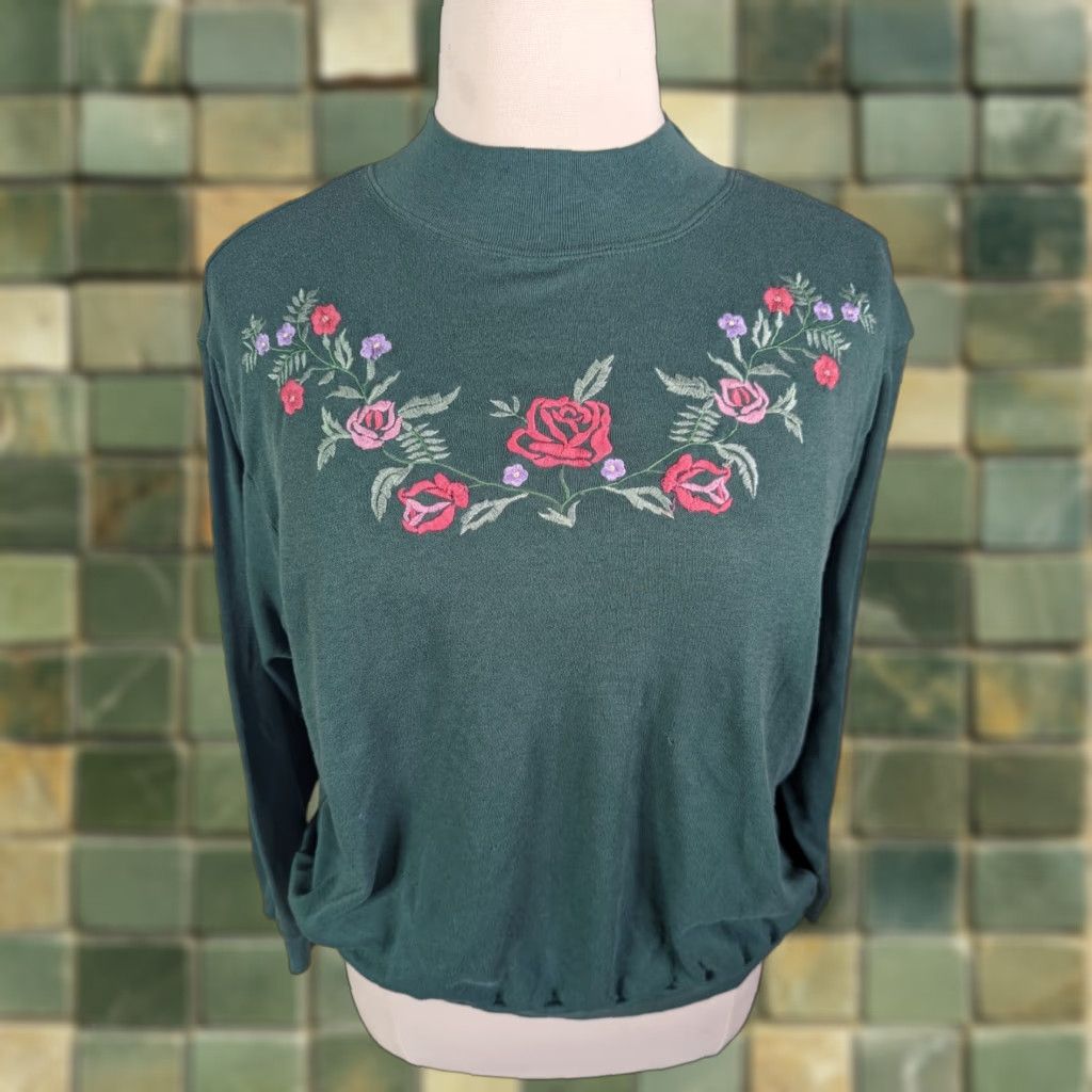Vintage VINTAGE Bridge Gate Shirt L Green Floral Embroidered Mock Neck Long Sleeve Cottagecore 90s Womens Size L / US 10 / IT 46 - 1 Thumbnail