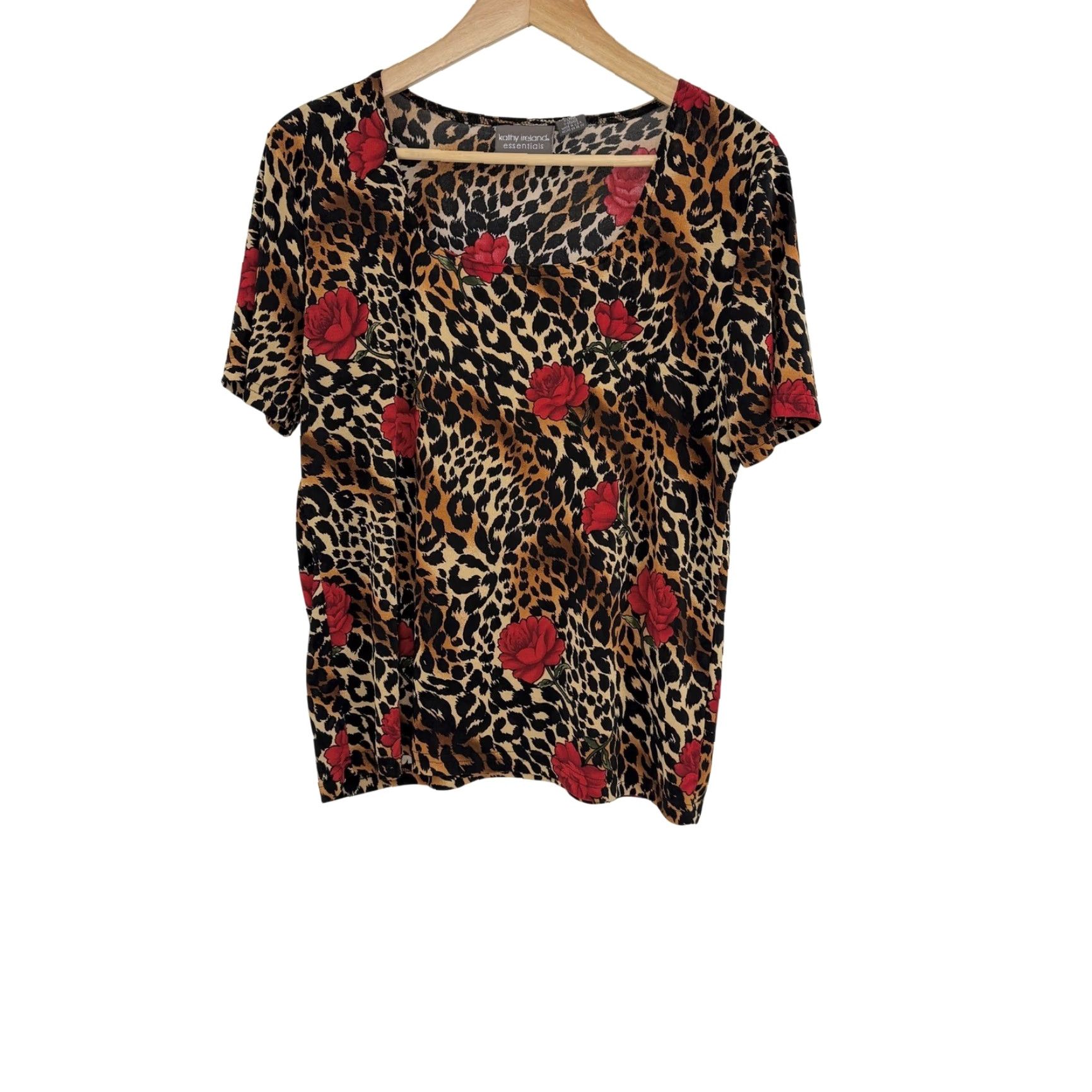 Essentials Kathy Ireland Essentials Womens Blouse Leopard Rose Print Short Sleeve Square Neck, XS? XL - But keep original: XL Size XL / US 12-14 / IT 48-50 - 2 Thumbnail