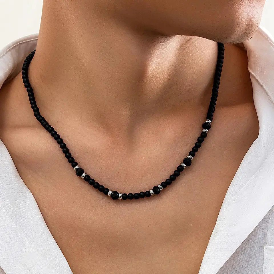 Jewelry × Vintage Hiphop Black Beaded Necklaces Black Frosted Stone Splicing Size ONE SIZE - 1 Thumbnail