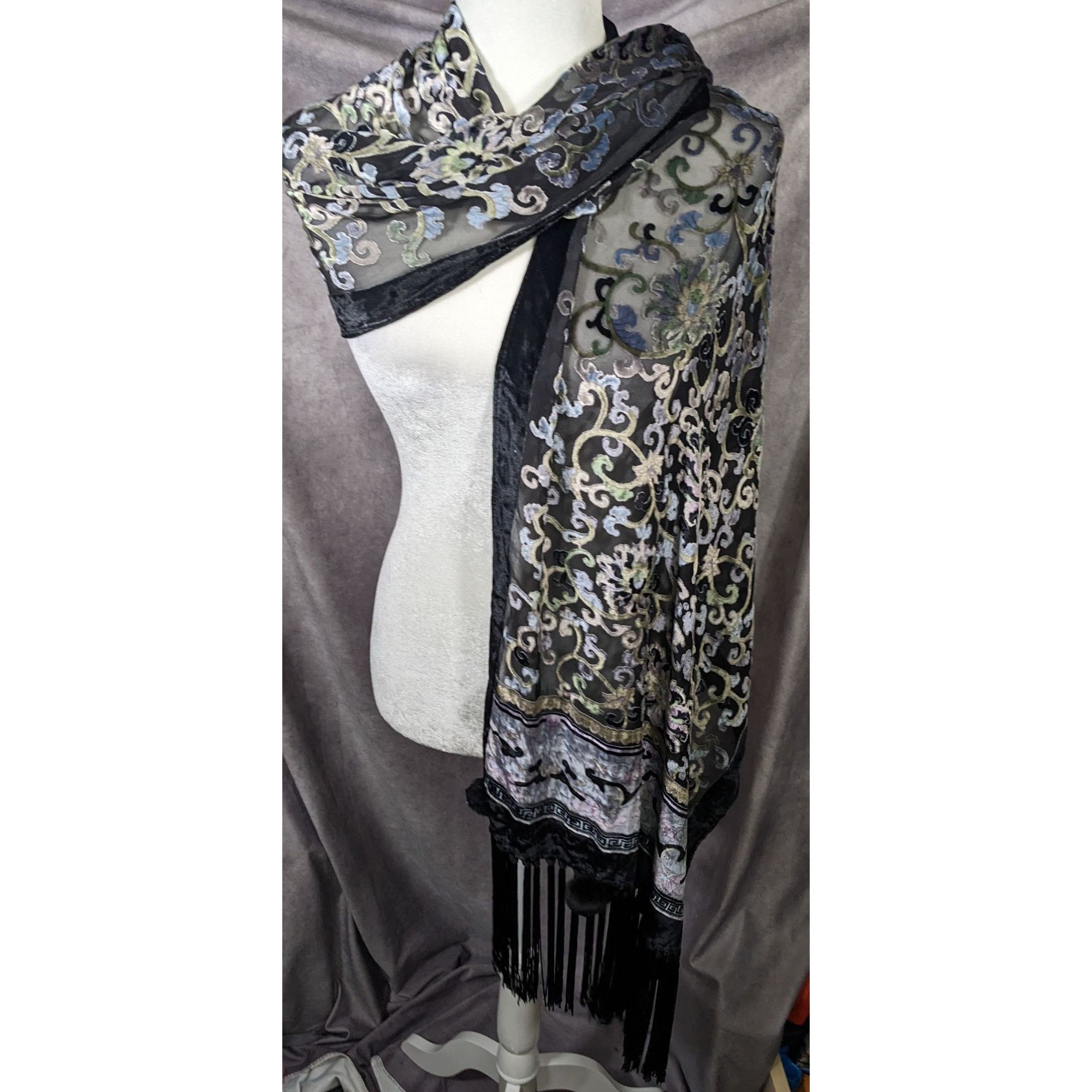 Other Vintage Fantasy Black And Pastel Velvet Burnout Scarf With F Size ONE SIZE - 12 Thumbnail