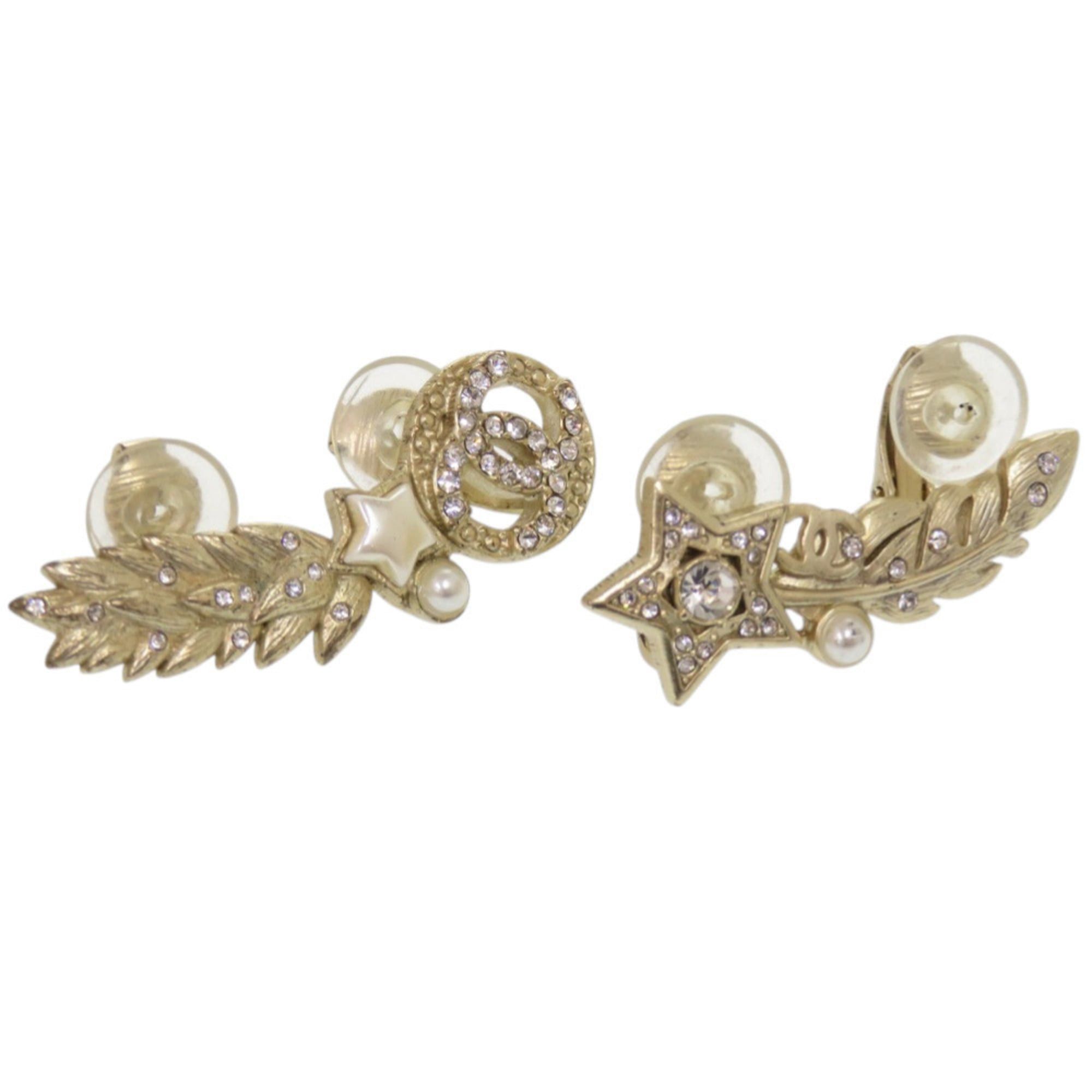 Chanel Excellent condition Chanel Coco Mark Star Feather C19K Metal Faux Pearl Stone Gold Earrings Accessory 1515 CHANEL Size ONE SIZE - 1 Thumbnail