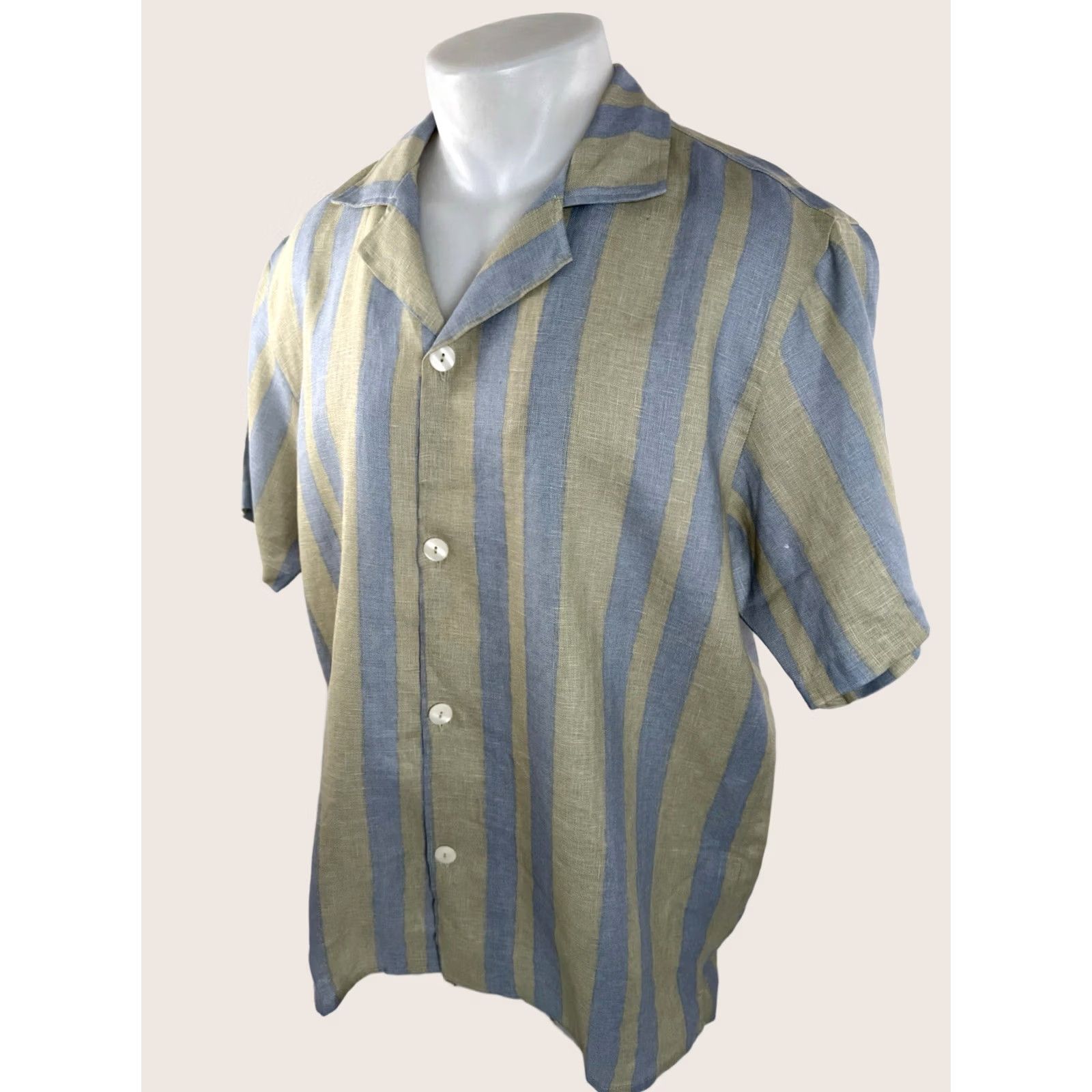 OAS OAS LINEN Mens L Striped Resort Shirt EXCELLENT Shirt Mens L Blue / Green Linen Striped Button-Up Short Sleeve 90s? Size US L / EU 52-54 / 3 - 1 Thumbnail