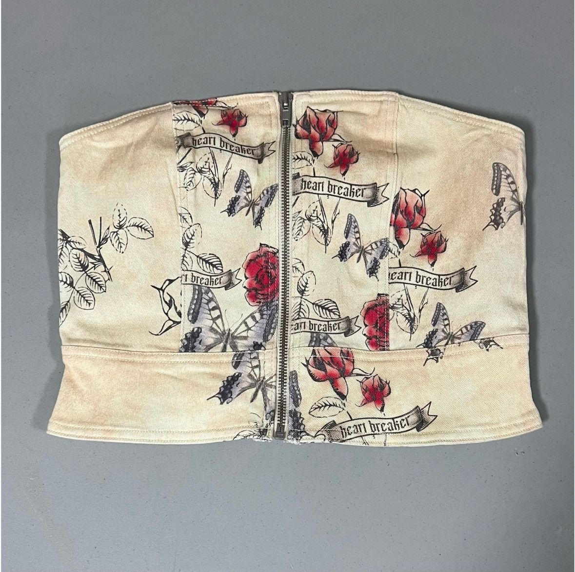 Ed Hardy Tan Denim ‘Heartbreaker’ Floral Butterfly Tube Top Size M ♥️✨ Size M / US 6-8 / IT 42-44 - 2 Thumbnail