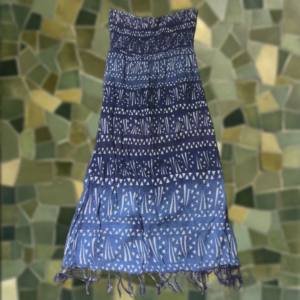 Volcom Volcom Dress Maxi Blue White Strapless Fringe Hippy 100% Rayon Women S Size S / US 4 / IT 40 - 1 Thumbnail