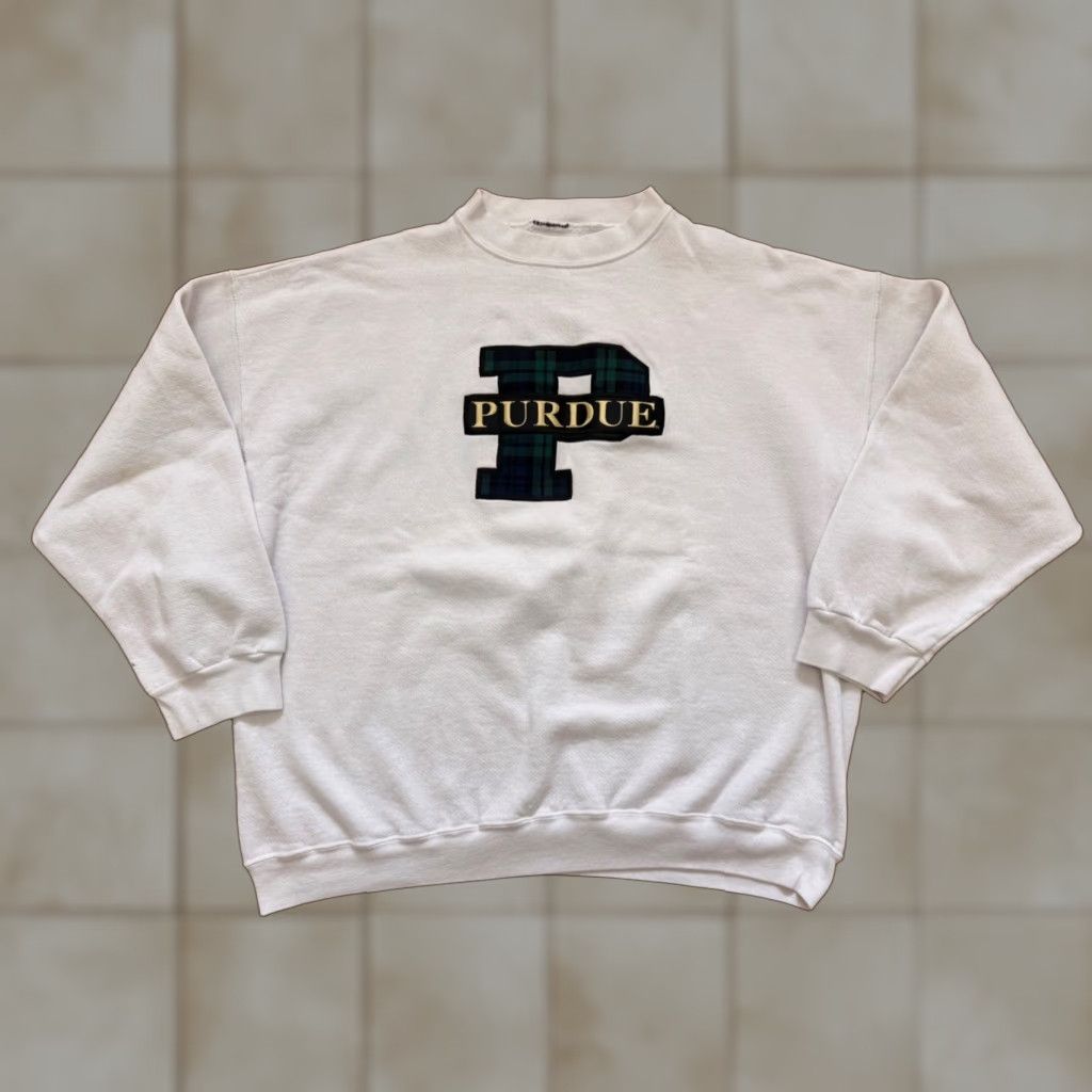 Hanes VTG Hanes Purdue Plaid P Sweatshirt Mens XL White 90s USA Boilermakers College Logo Crew Neck Pullover Size US XL / EU 56 / 4 - 1 Thumbnail