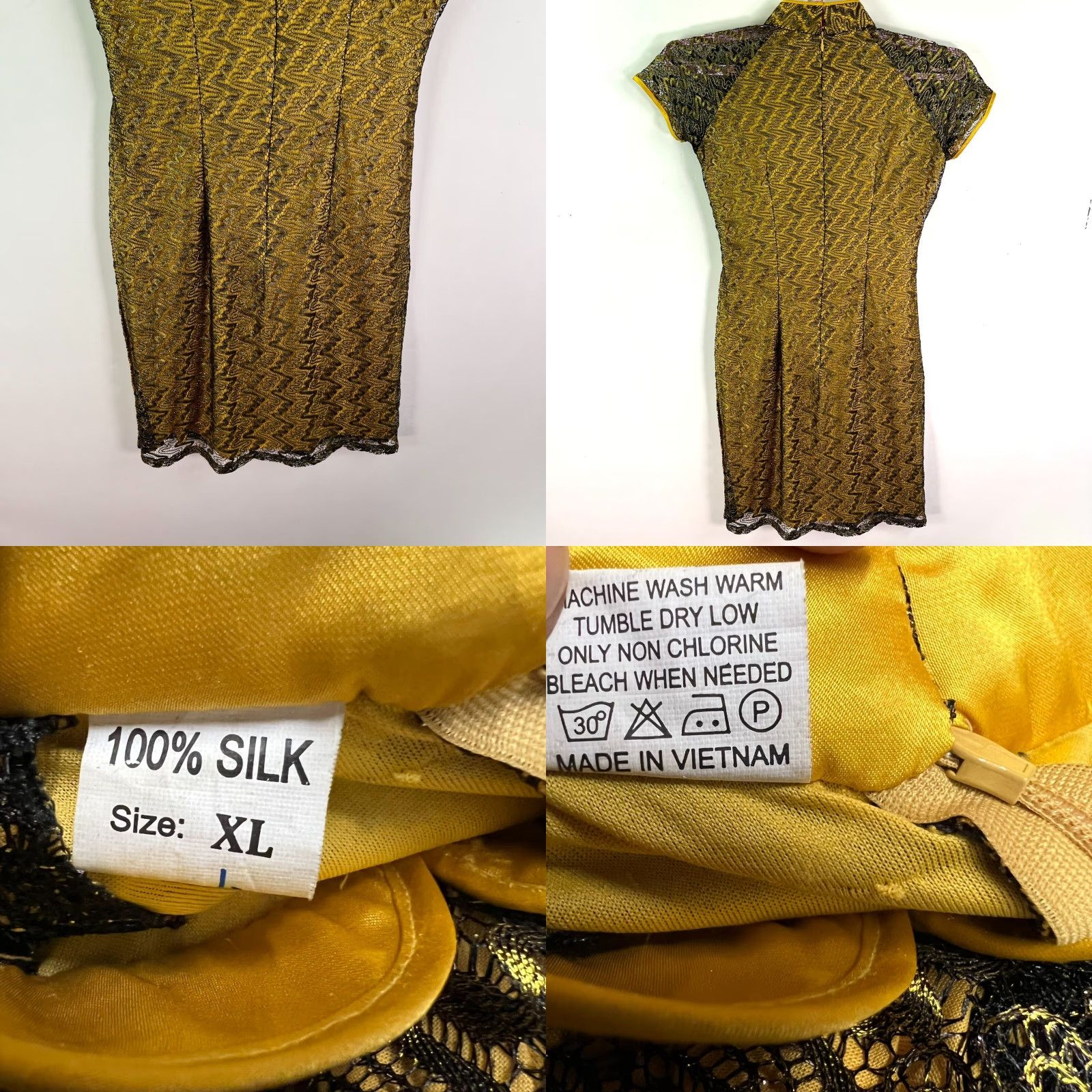 Vintage Brocade Silk Midi Dress XL Yellow Cap Sleeve Mock Neck A-Line Embroidered Flower Womens Size 40" / US 18 - 8 Thumbnail