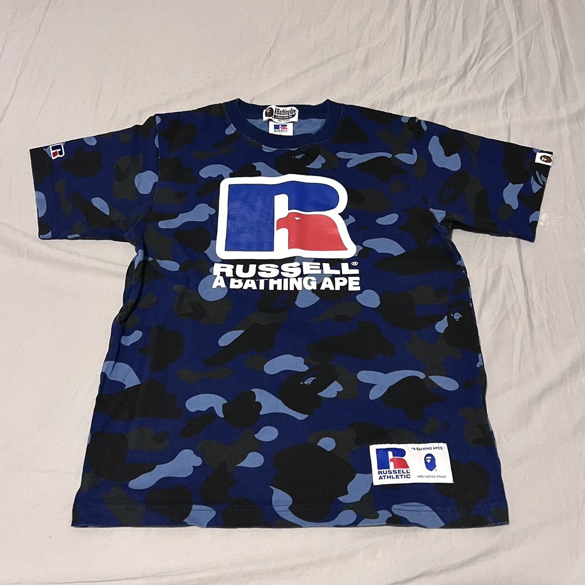 image of Bape X Russell Color Camo Tee in Blue, Men's (Size Small)