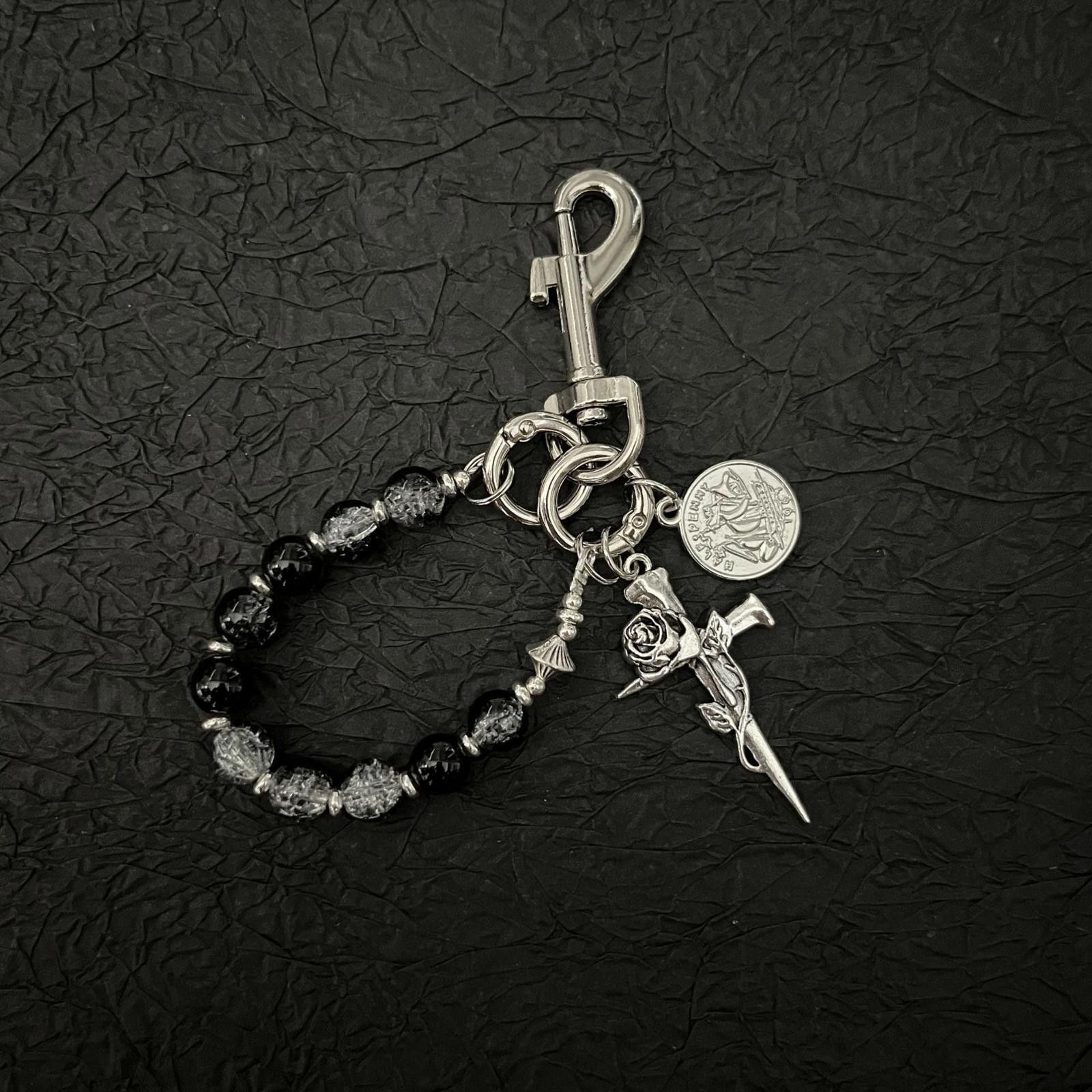 Jewelry Silver Beaded Keychain with Rose and Dagger Charms Size ONE SIZE - 7 Thumbnail