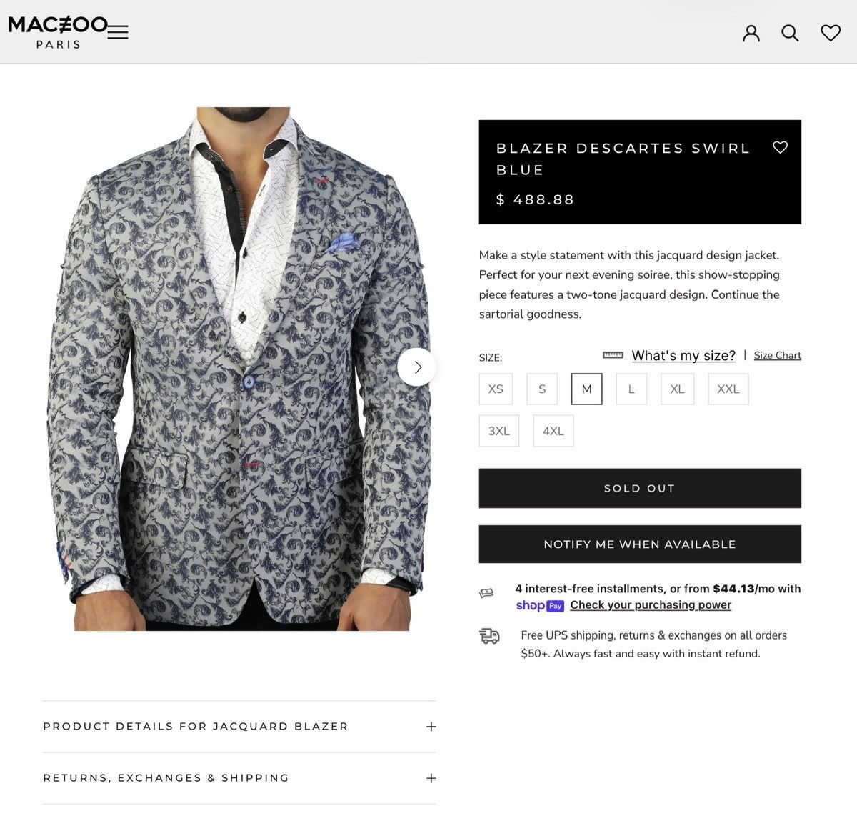 Maceoo MACEOO Paris Men’s Descartes Swirl Blue Blazer Size 40/3 NWT Size 40R - 15 Thumbnail