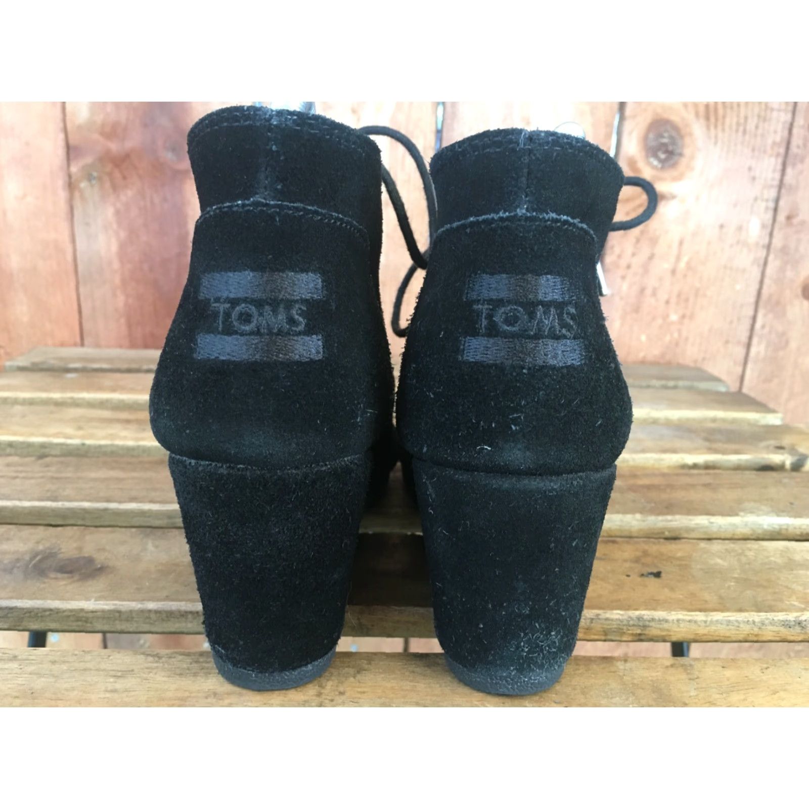 Toms TOMS Black Suede Lace Wedge Booties Womens Size 8 US 8 Ankle Boot Shaft High Heel 3 in. EUR 38.5 UK 6 Style 380515 Size US 6 / IT 36 - 3 Thumbnail
