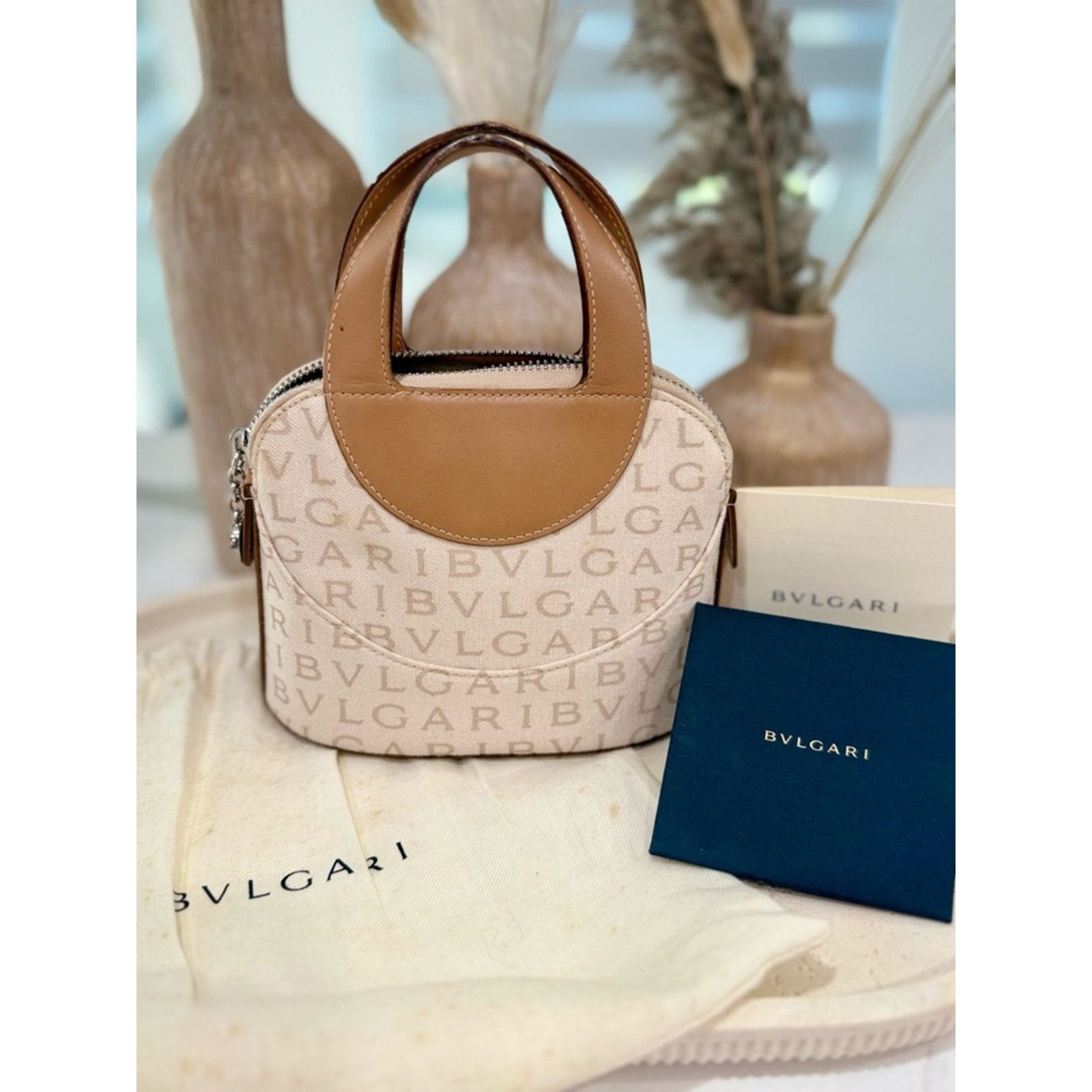 Bvlgari Bvlgari Logomania Mini Tote Bag - Beige Canvas & Tan Leather Size ONE SIZE - 1 Thumbnail