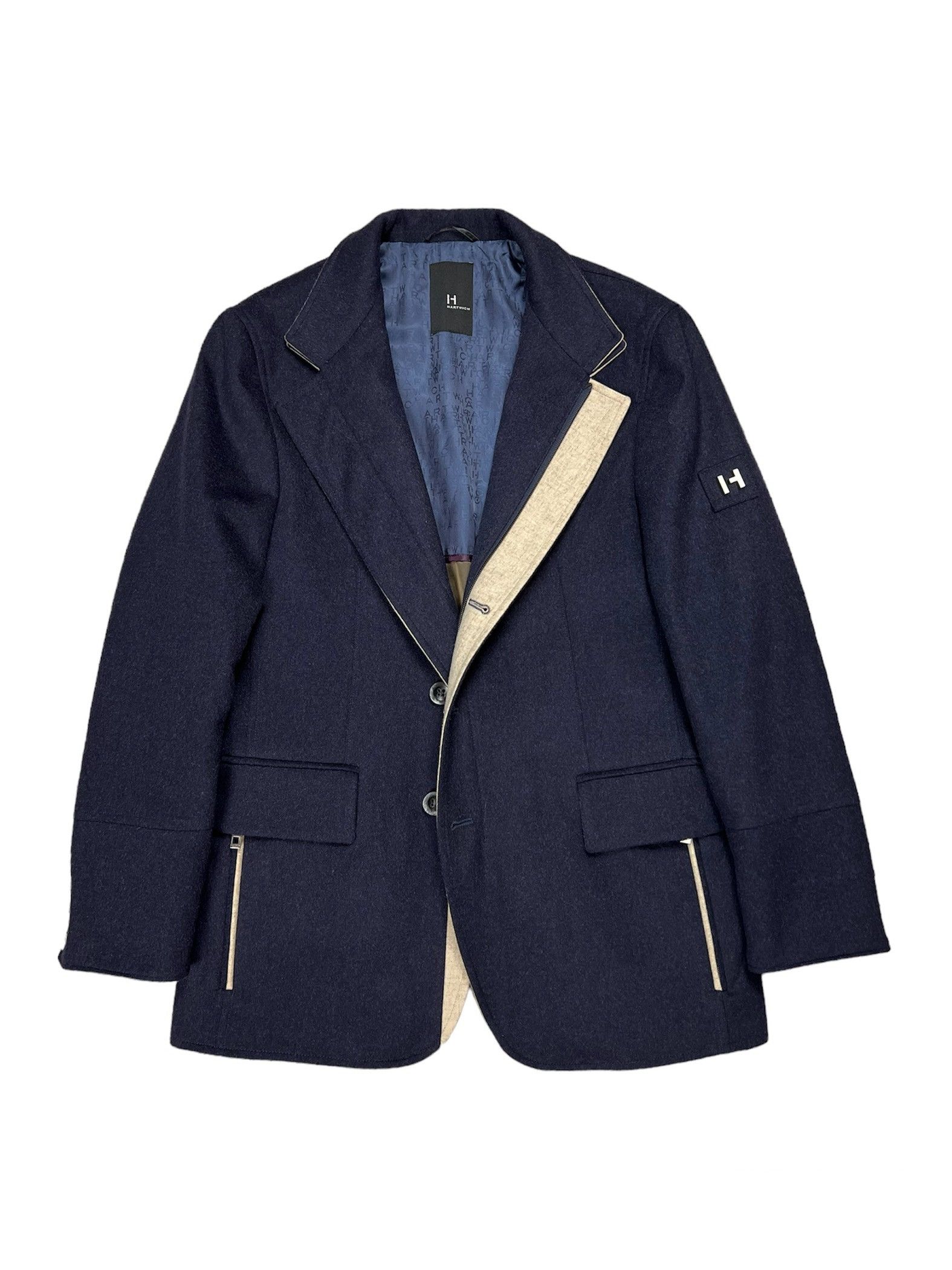 image of Italian Designers Doris Hartwich Premium Pure Wool Classic Elegant Jacket in Navy Blue (Size Medium