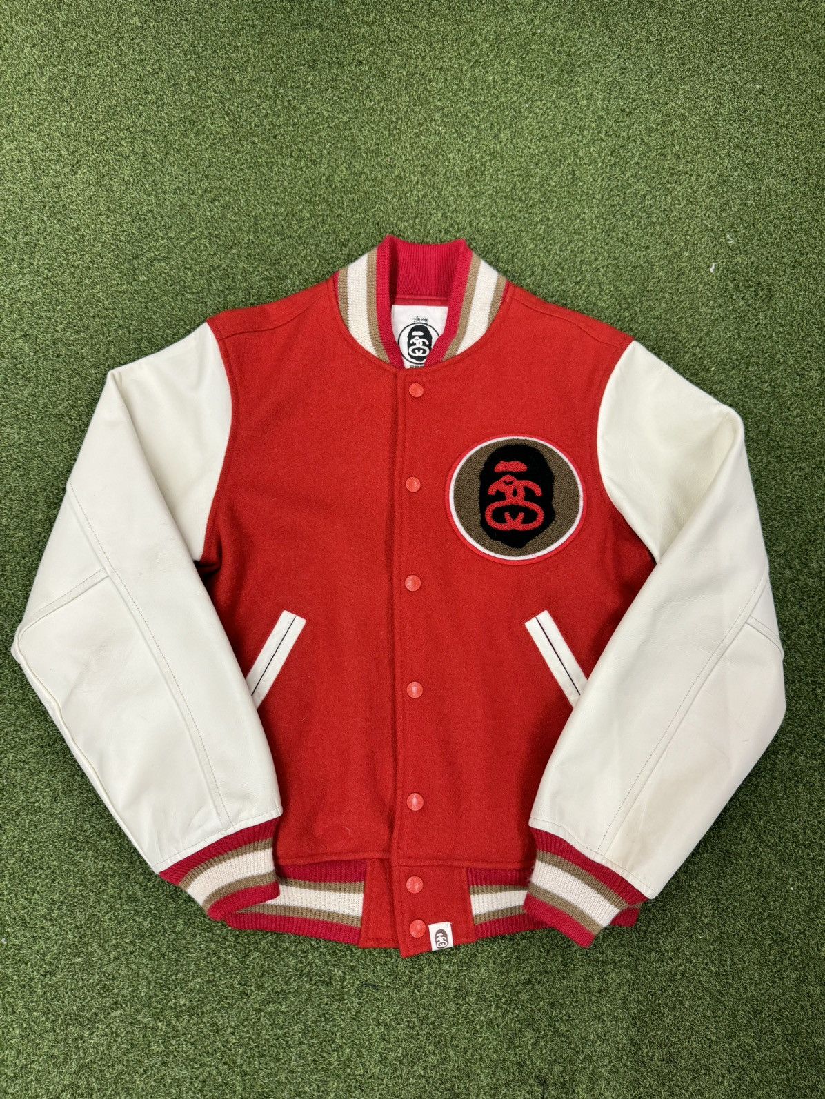 Image of Bape x Stussy Varsity Jacket in Red, Men's (Size Small)