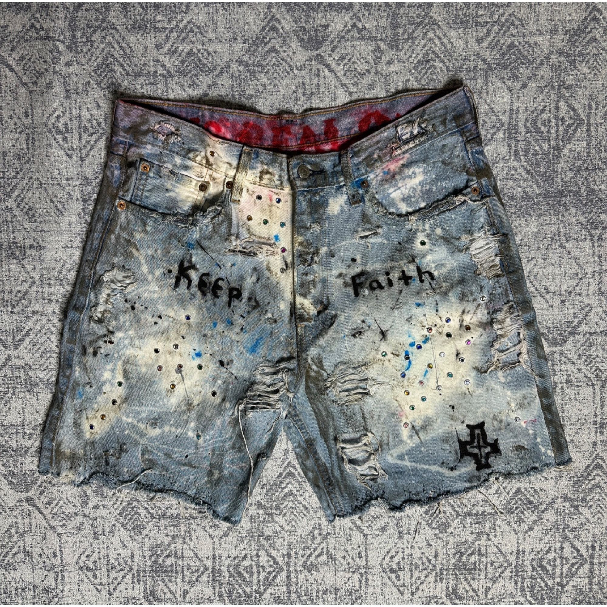 Levi's Custom Embellished Distressed Paint Stained dyed treated Lev Size US 33 - 1 Thumbnail
