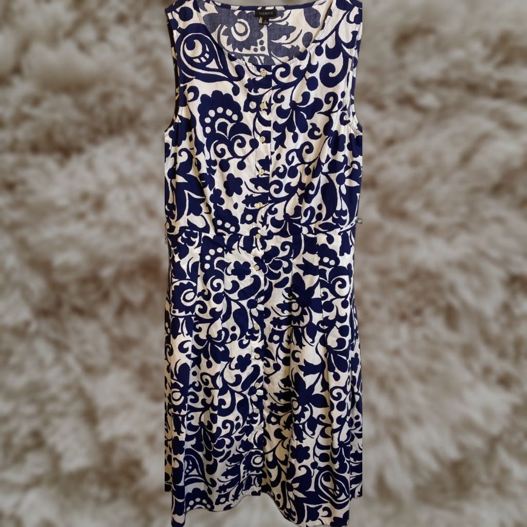 Talbots Women's Fit & Flare Dress Sleeveless Pockets Jacobean Blue/White  Size 6 Knee Length Casual