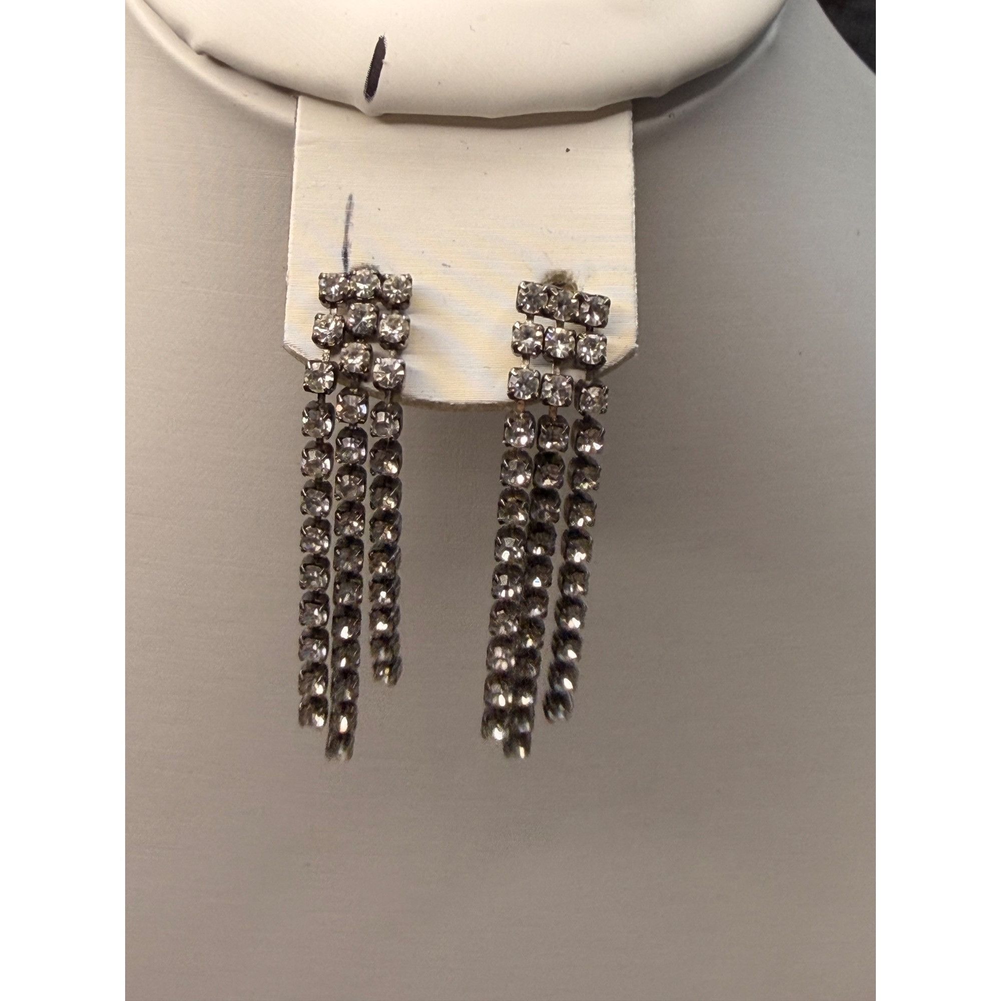 Other Silver-Tone Rhinestone Dangle Earrings With 3-Row Design For Size ONE SIZE - 3 Thumbnail
