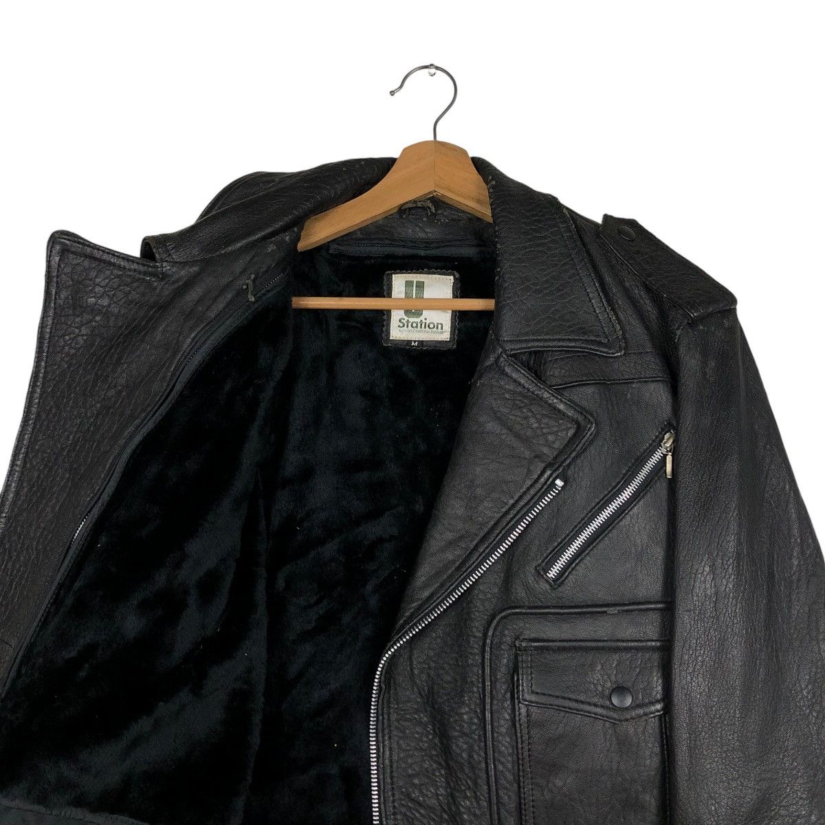 Japanese Brand 🔥VINTAGE BIKER LEATHER JACKET DOUBLE COLLAR U STATION Size US M / EU 48-50 / 2 - 10 Thumbnail