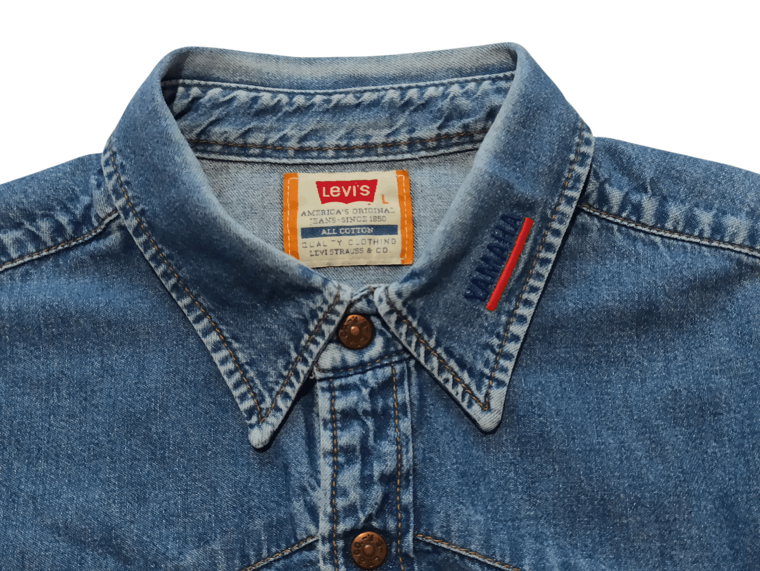 Levi's RARE Levi's x Yamaha 90s Promo Orange Tab Denim Shirt Size US L / EU 52-54 / 3 - 4 Thumbnail