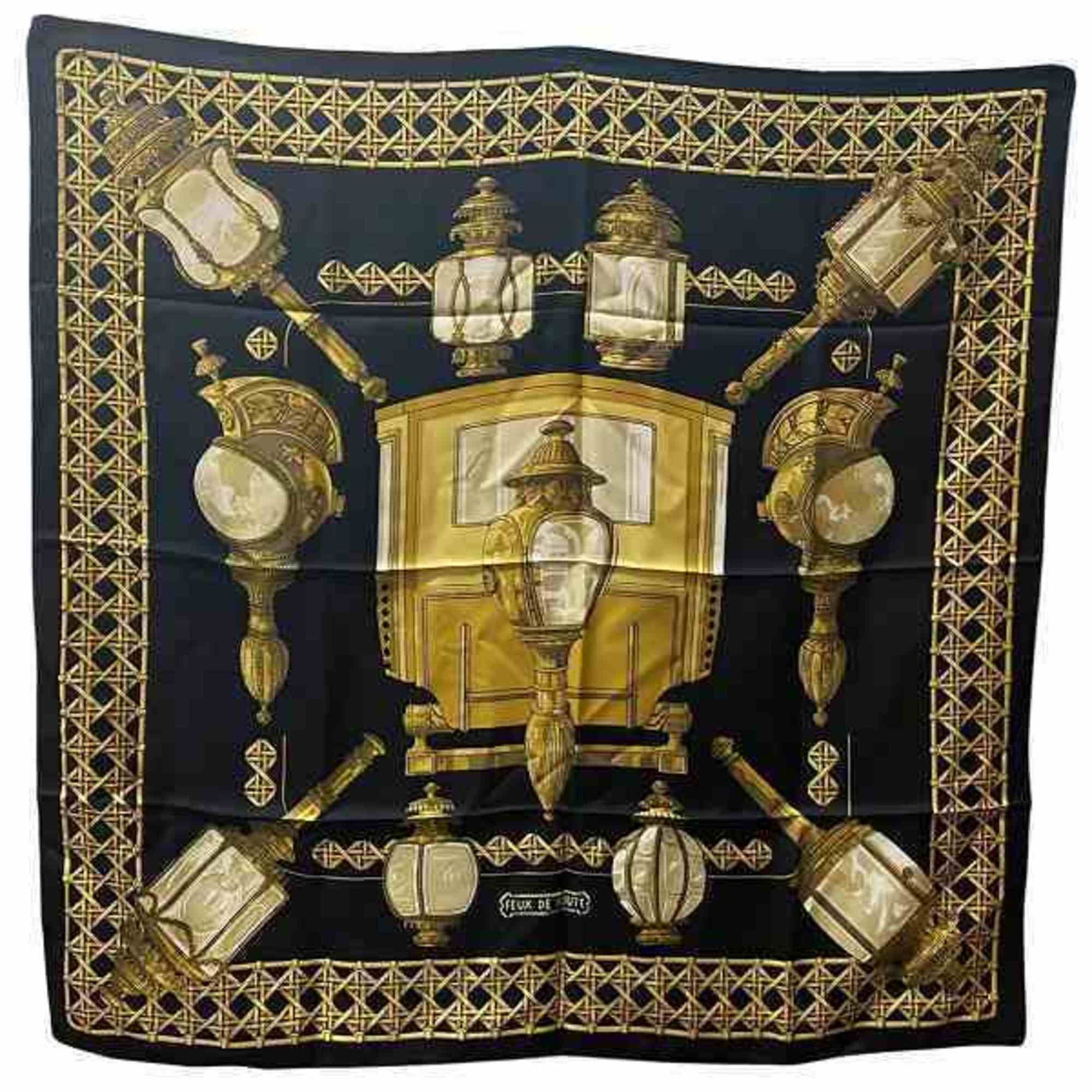 image of Hermes Feux De Route Carriage Lantern Silk Carre 90 Accessories Scarf Women's in Black