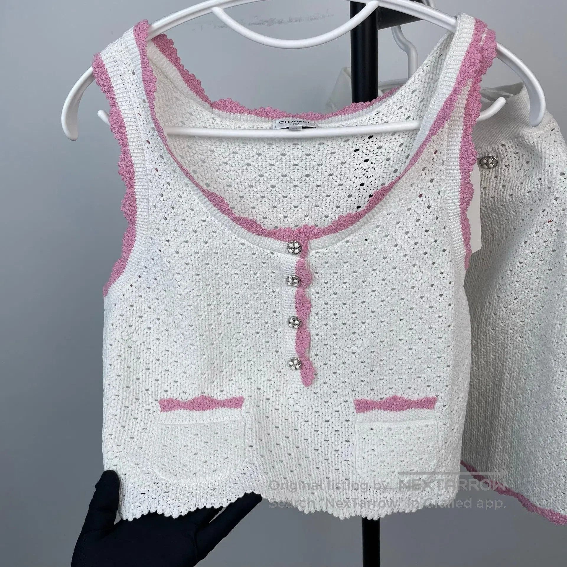 Chanel Chanel Pink and White Lace Knit Vest Half Skirt| Size 37" - 2 Thumbnail
