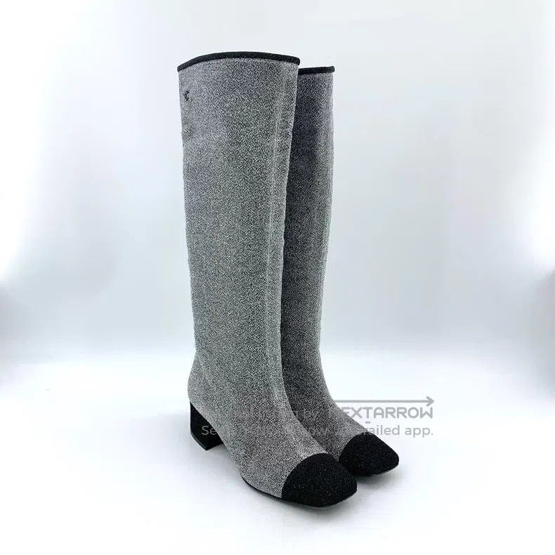 Chanel Chanel Silver-gray stitching sequin square toe thick heel Size US 7.5 / IT 37.5 - 2 Thumbnail