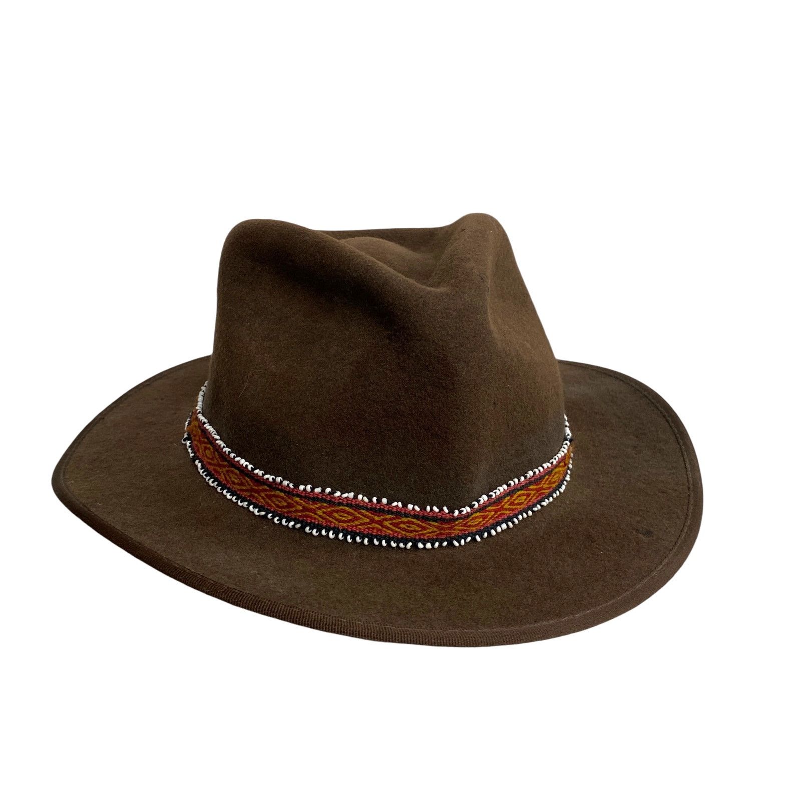 Vintage Indiana Jones Brown Wool Beaded Printed Band Fedora Hat Size ONE SIZE - 1 Thumbnail