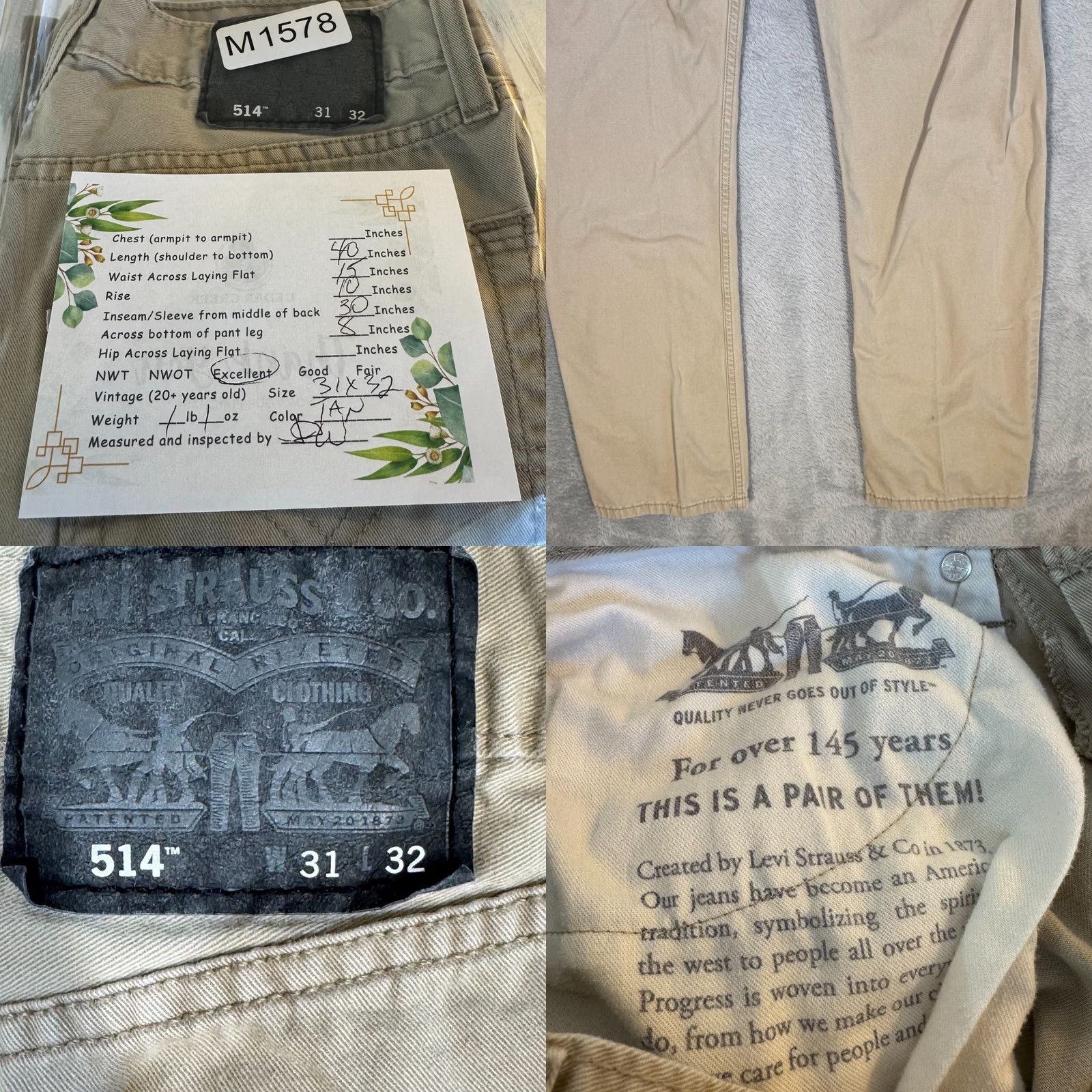 Levi's Levi’s 514 Jeans Men’s Beige Denim 31x32 Mid Rise Straight Size US 31 - 8 Thumbnail
