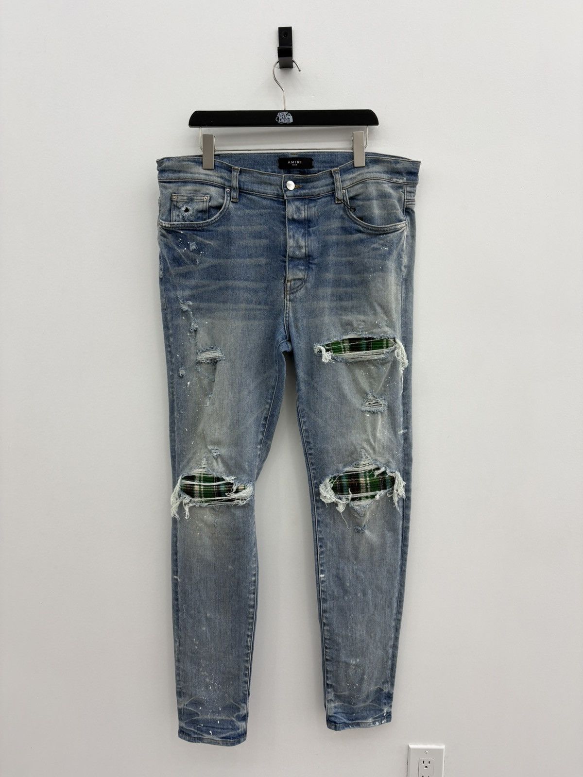 Amiri Amiri MX1 Green Plaid Patch Blue Denim Size 34 | Grailed