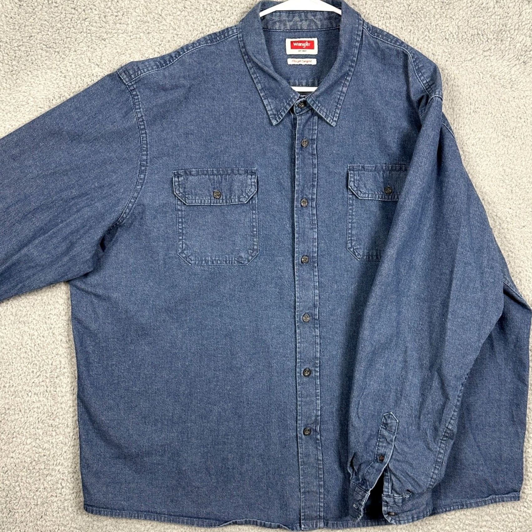 Wrangler Wrangler Mens Denim Blue 3XL Shirt Button-Up Long Sleeve Stretch For Comfort Casual Workwear Size US XXL / EU 58 / 5 - 2 Thumbnail
