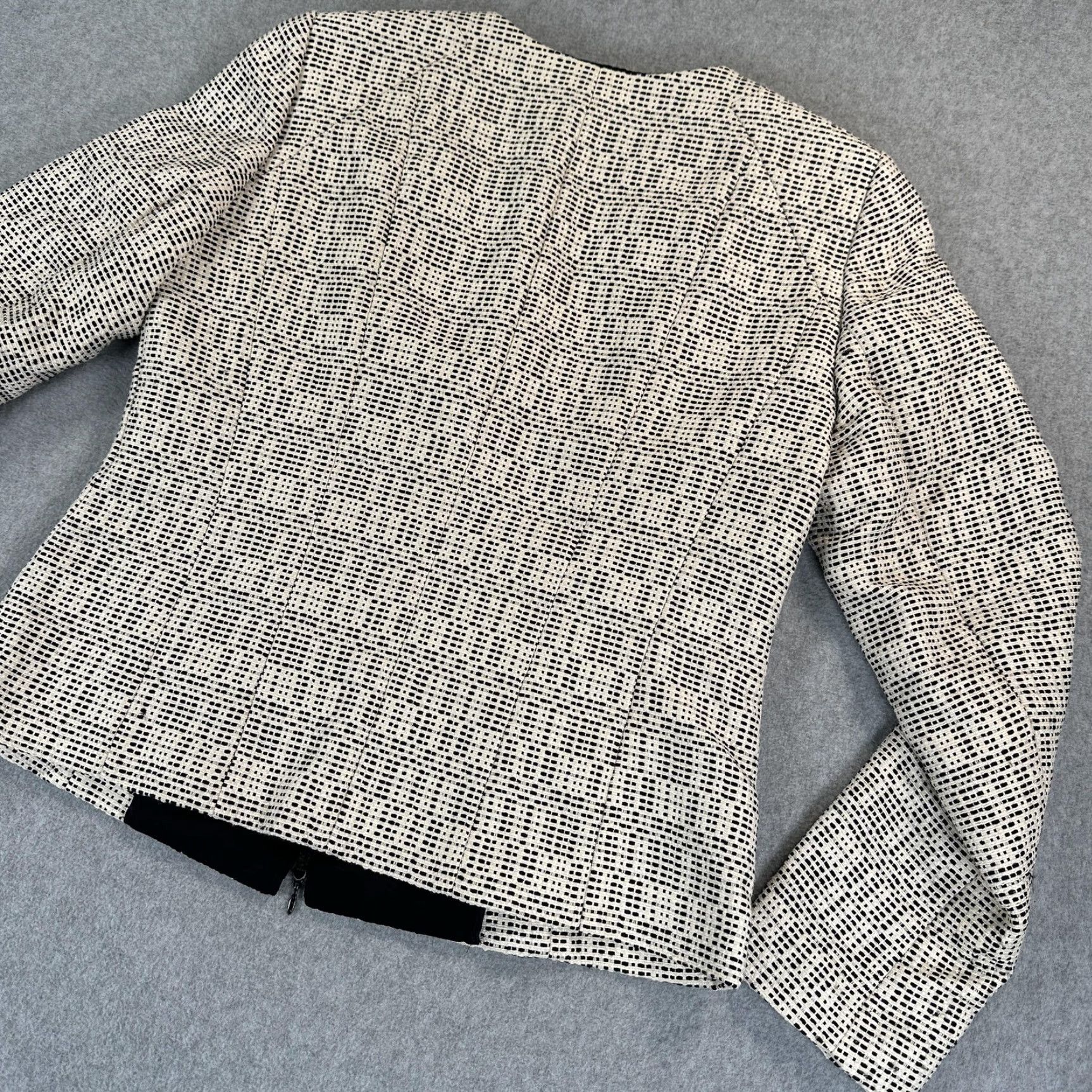 Vintage Lafayette 148 New York Jacket Womens 10 White Tweed Collarless Full Zip Geometric Size L / US 10 / IT 46 - 7 Thumbnail