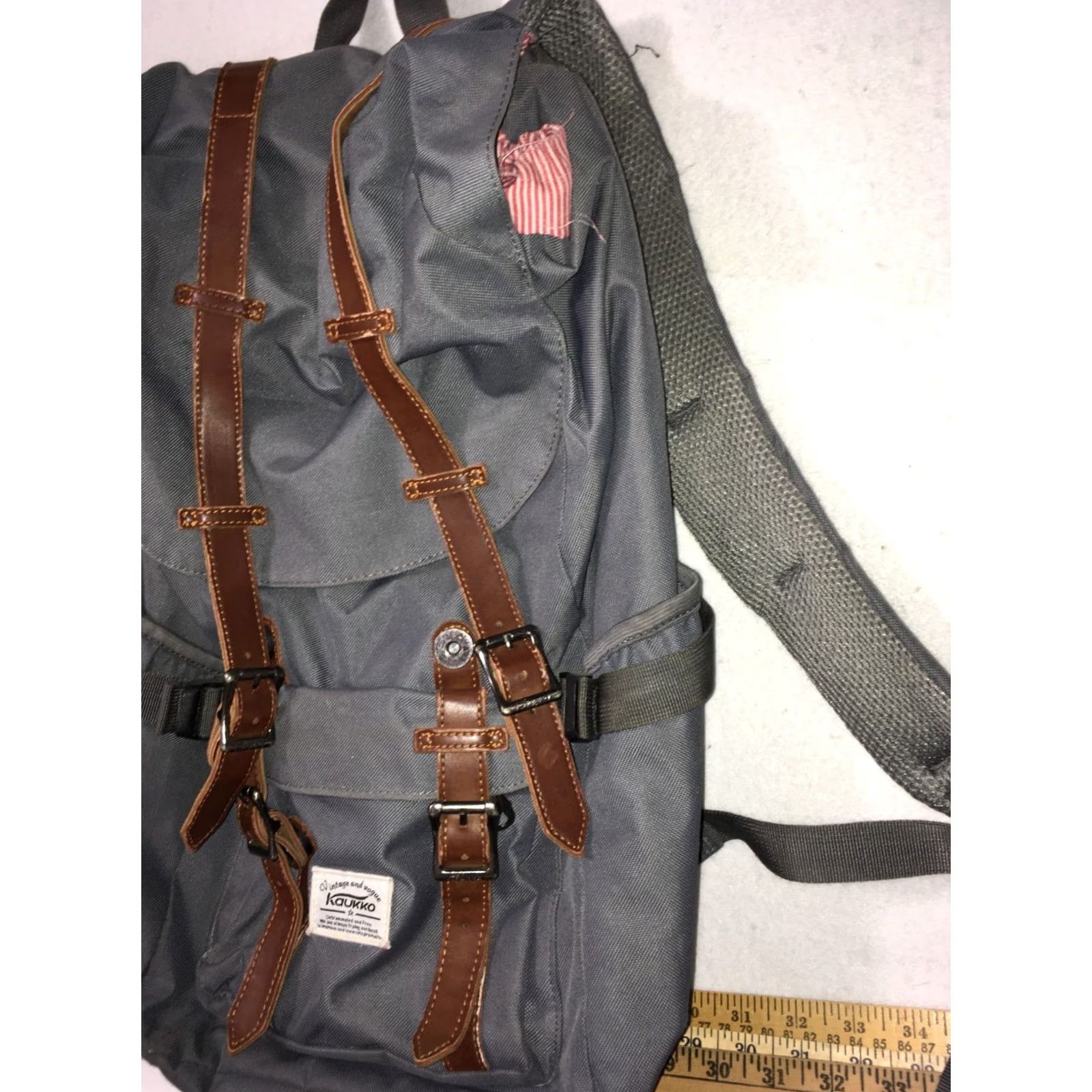 Vogue VINTAGE KAUKKO Back Pack Striped Canvas Lined Large Gray/Red Men Bag Backpack Mens Sizes: Large Size ONE SIZE - 3 Thumbnail