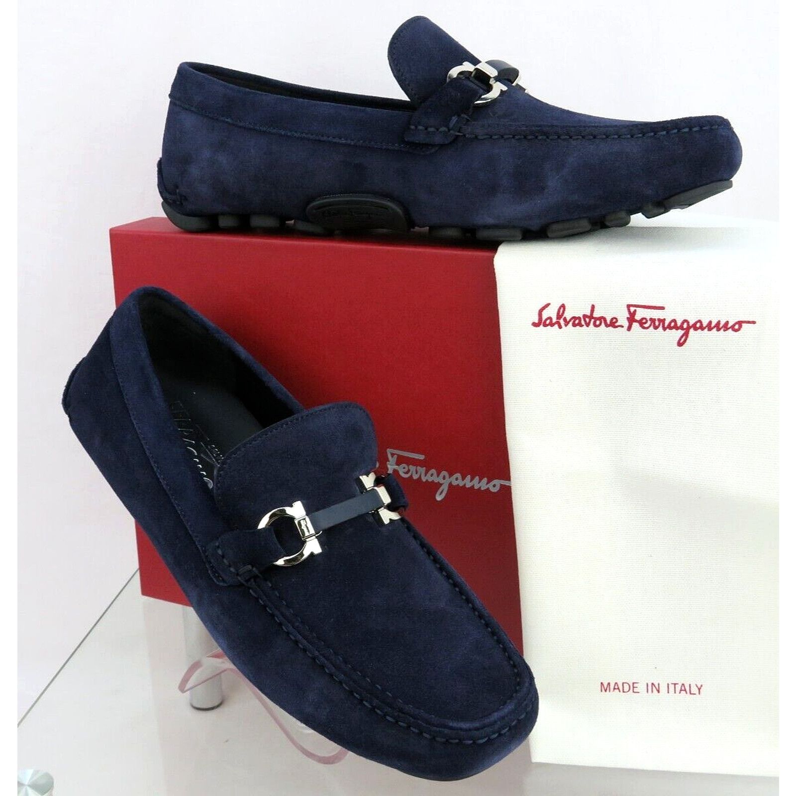 FERRAGAMO SALAMANCA BLUE SUEDE GANCINI DRIVING LOAFERS