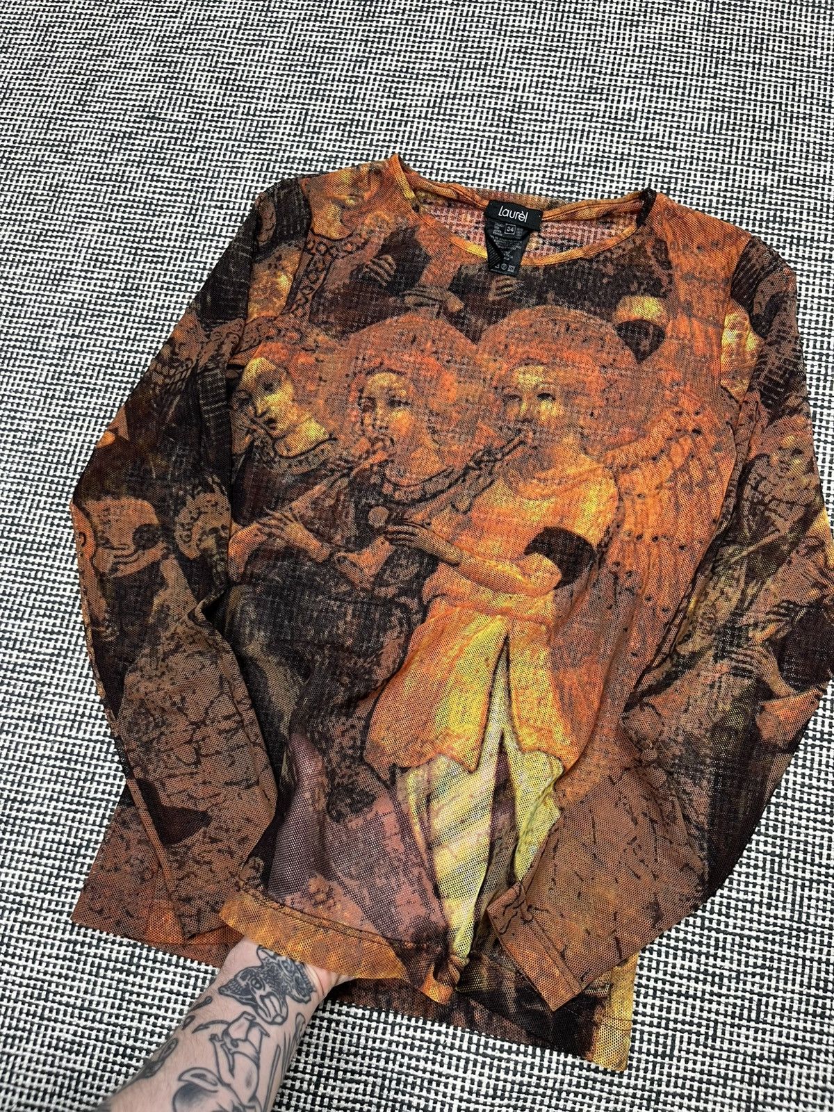 Gaultier style bible graphic mesh top long sleeve