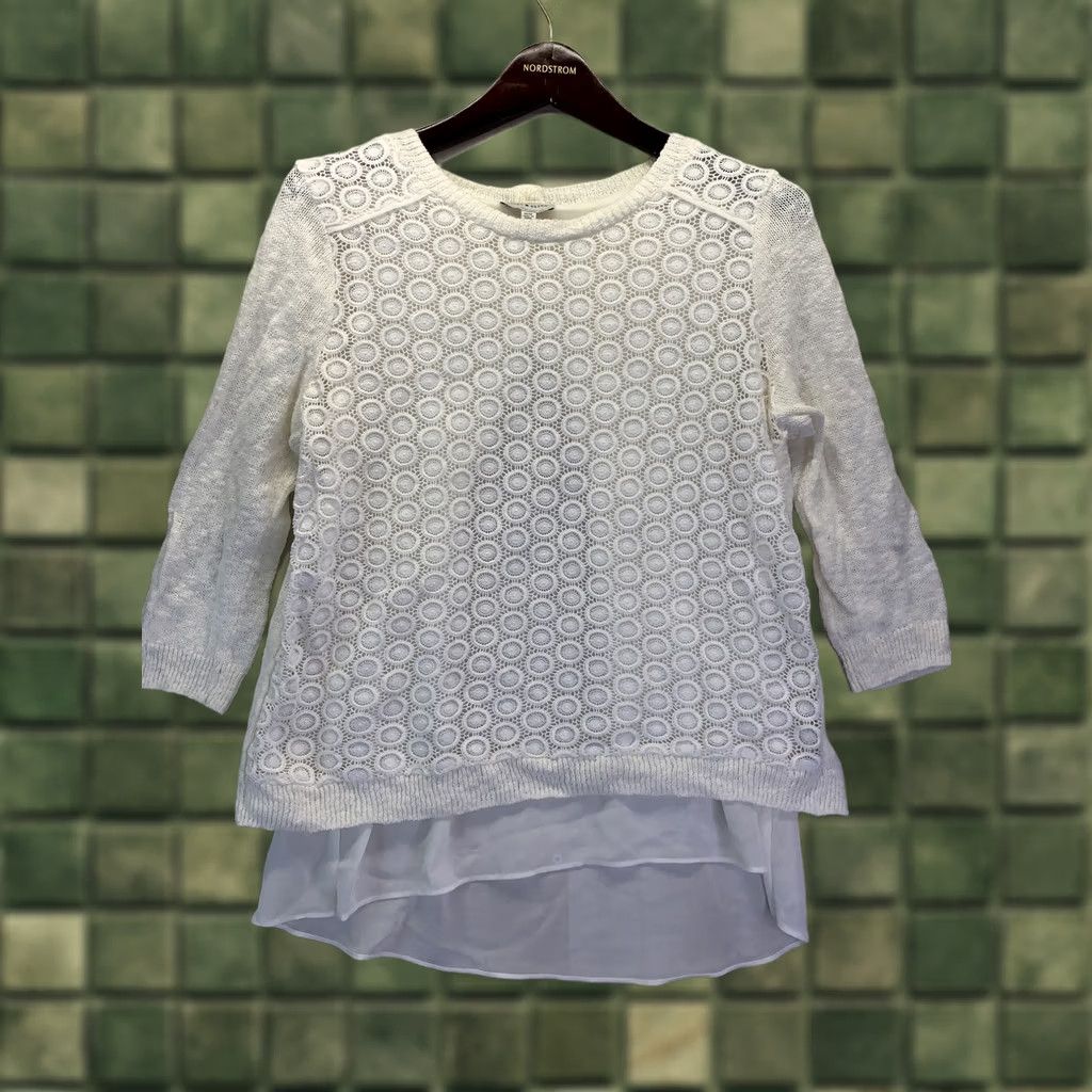 Lucky Brand Lucky Brand Womens SZ M Ivory Knit Sweater Top W/Chiffon Trim-4194 Size M / US 6-8 / IT 42-44 - 1 Thumbnail