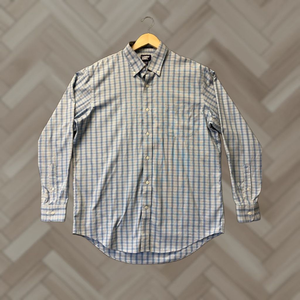 Lands' End Lands' End Shirt Button-Down Mens 16.5 Turquoise Plaid Long Sleeve Classic Trim Fit Size US XL / EU 56 / 4 - 1 Thumbnail
