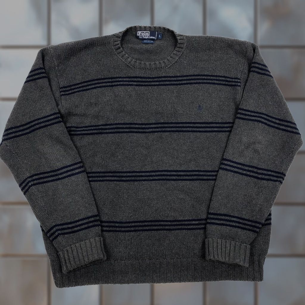 Polo Ralph Lauren VINTAGE Polo Ralph Lauren Men’s L Gray Blue Striped Cotton Crewneck Sweater Size US L / EU 52-54 / 3 - 1 Thumbnail