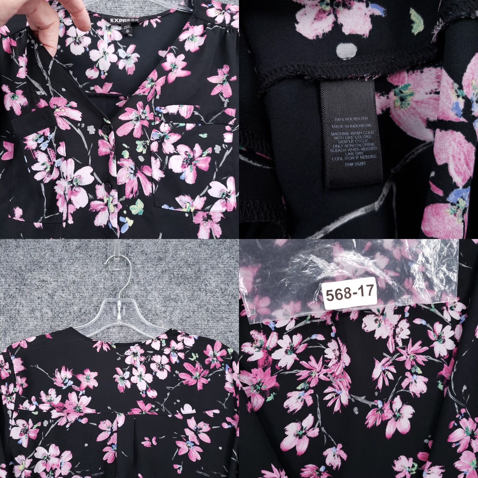 Express Express Womens XS Black Floral V Neck Blouse Button Long Sleeve Boho Pleated Size XS / US 0-2 / IT 36-38 - 8 Thumbnail