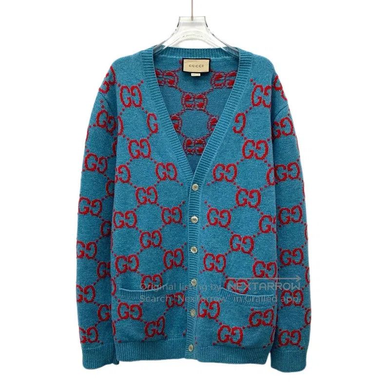 Gucci Gucci Blue logo jacquard full-print wool V-neck single-bre Size US L / EU 52-54 / 3 - 1 Thumbnail
