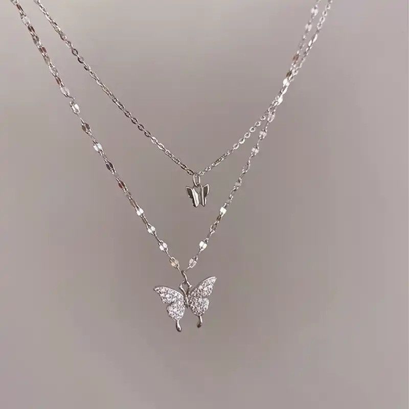 Other Double Layer Silver Butterfly Pendant Necklace for Women Size ONE SIZE - 1 Thumbnail