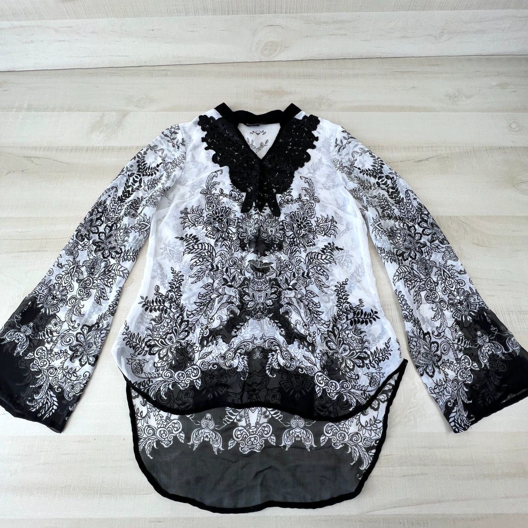Vintage Sharagano Womens Semi Sheer Blouse Small White Black Boho Shirt Size S / US 4 / IT 40 - 2 Thumbnail
