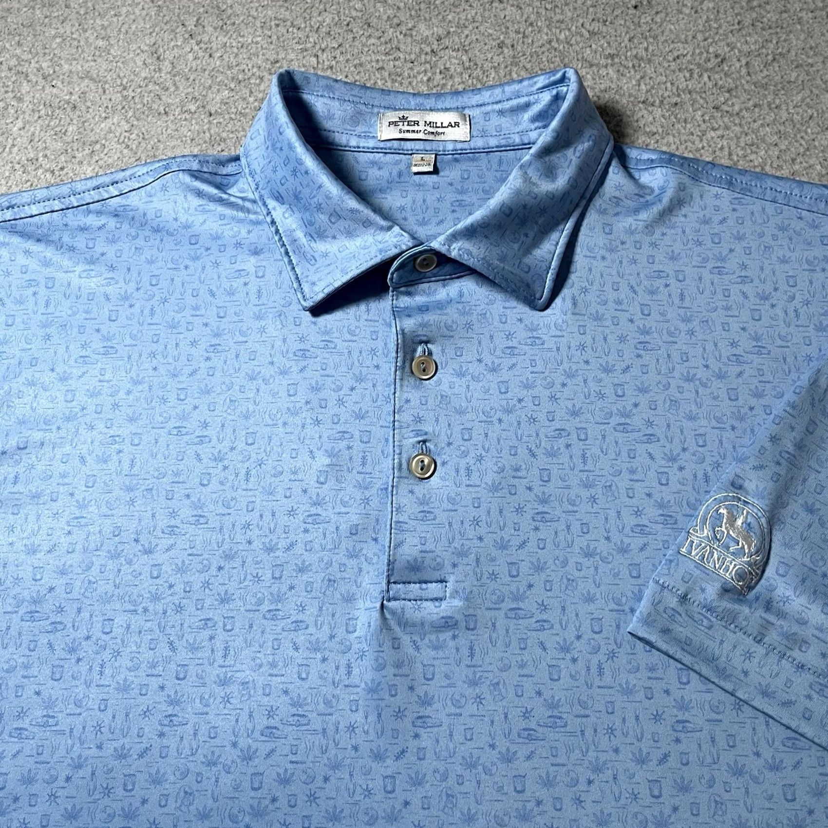 Peter Millar Peter Millar Polo Shirt Men Large All Over Print Summer Comfort Golf Ivanhoe Blue Geometric logo Embroidered Breathable Lightweight Polo Mens L Size US L / EU 52-54 / 3 - 2 Thumbnail