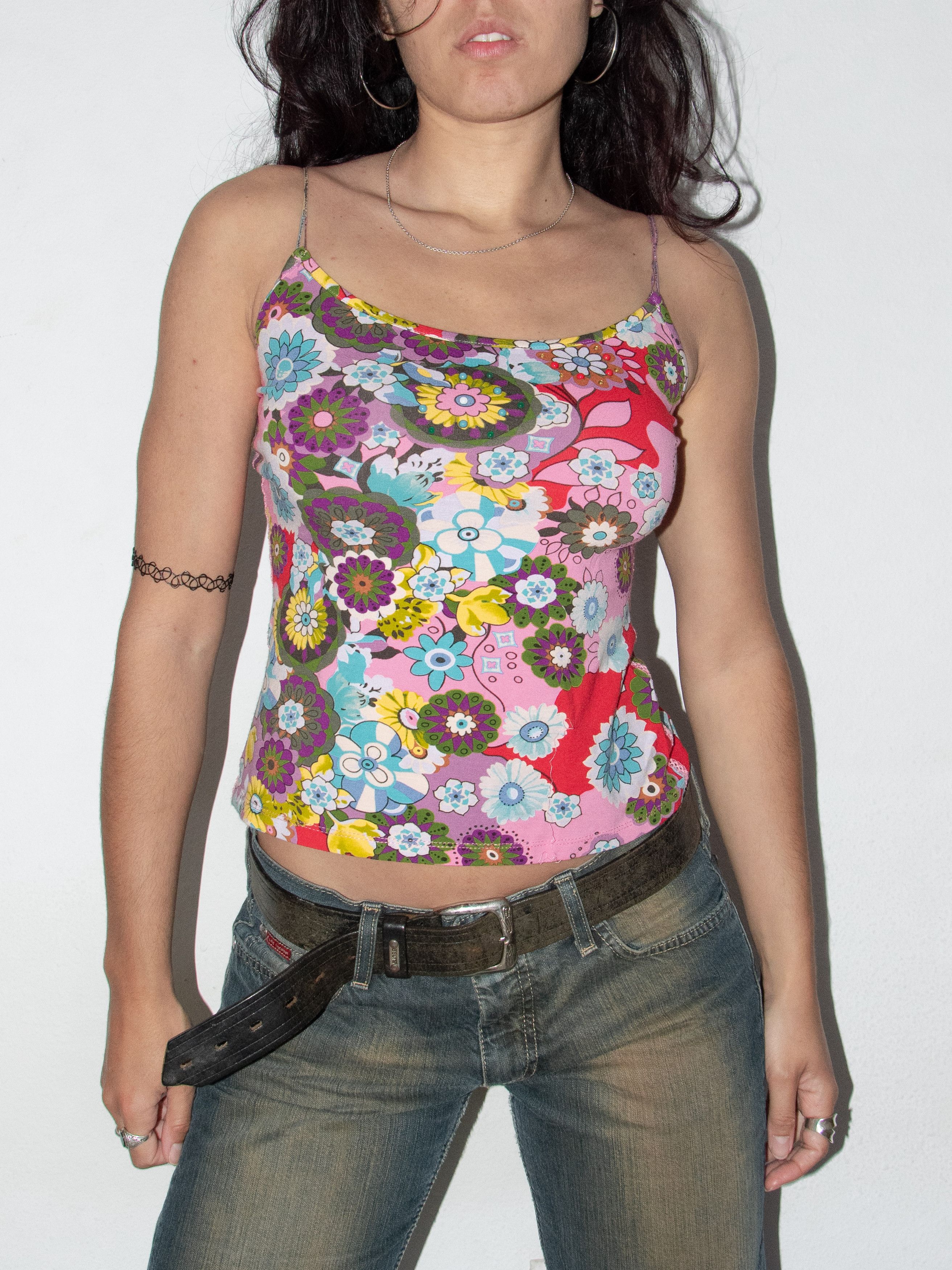 Vintage Vintage Floral top with Glittering Spaghetti strap Size S / US 4 / IT 40 - 1 Thumbnail
