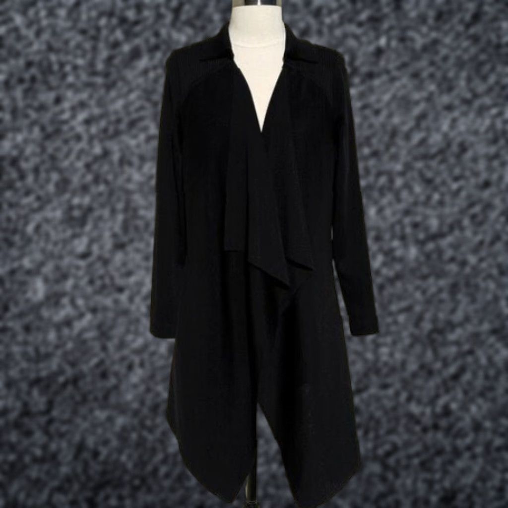 Vintage Misook Jacket Women S Black Waterfall Drape Open Front 100% Acrylic Ribbed Back Open Size S / US 4 / IT 40 - 1 Thumbnail