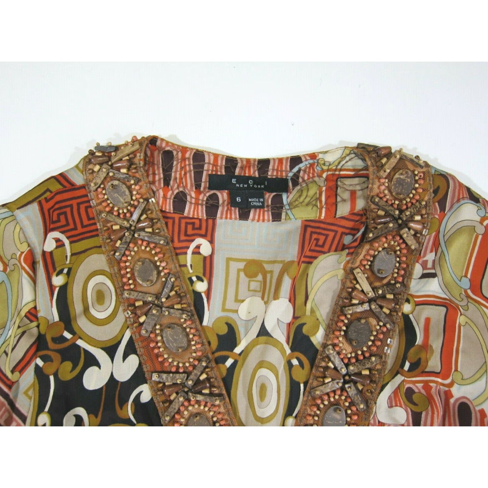 Vintage VINTAGE ECI New York 100% Silk Beaded Orange Brown V-Neck Long Sleeve Blouse Top Women 6 Size M / US 6-8 / IT 42-44 - 4 Thumbnail